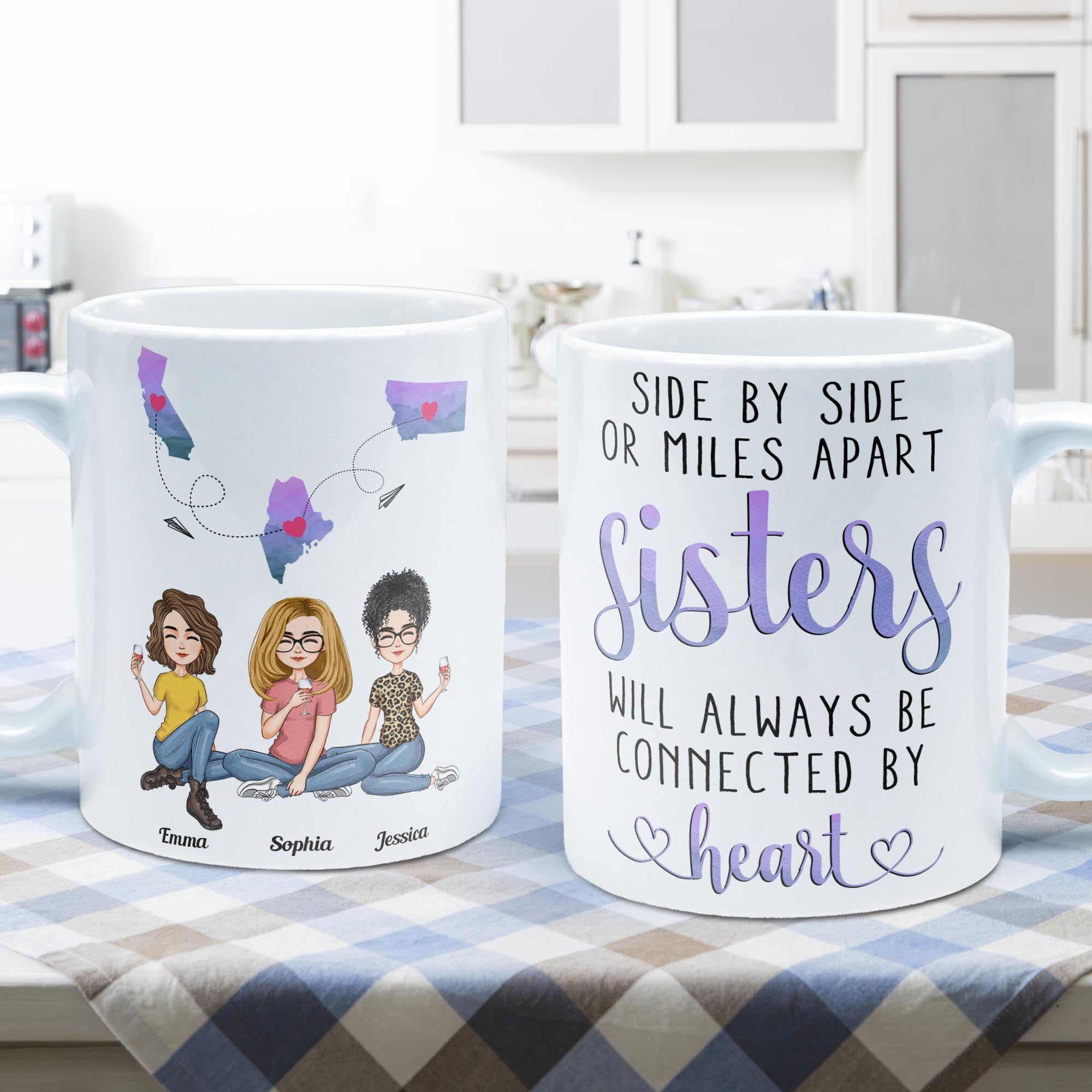 Sisters Will Always Be Connected By Heart - Personalized Mug