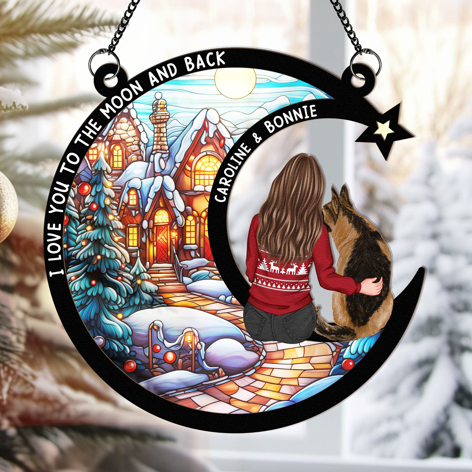 Sitting On The Moon With Dog - Personalized Window Hanging Suncatcher Ornament