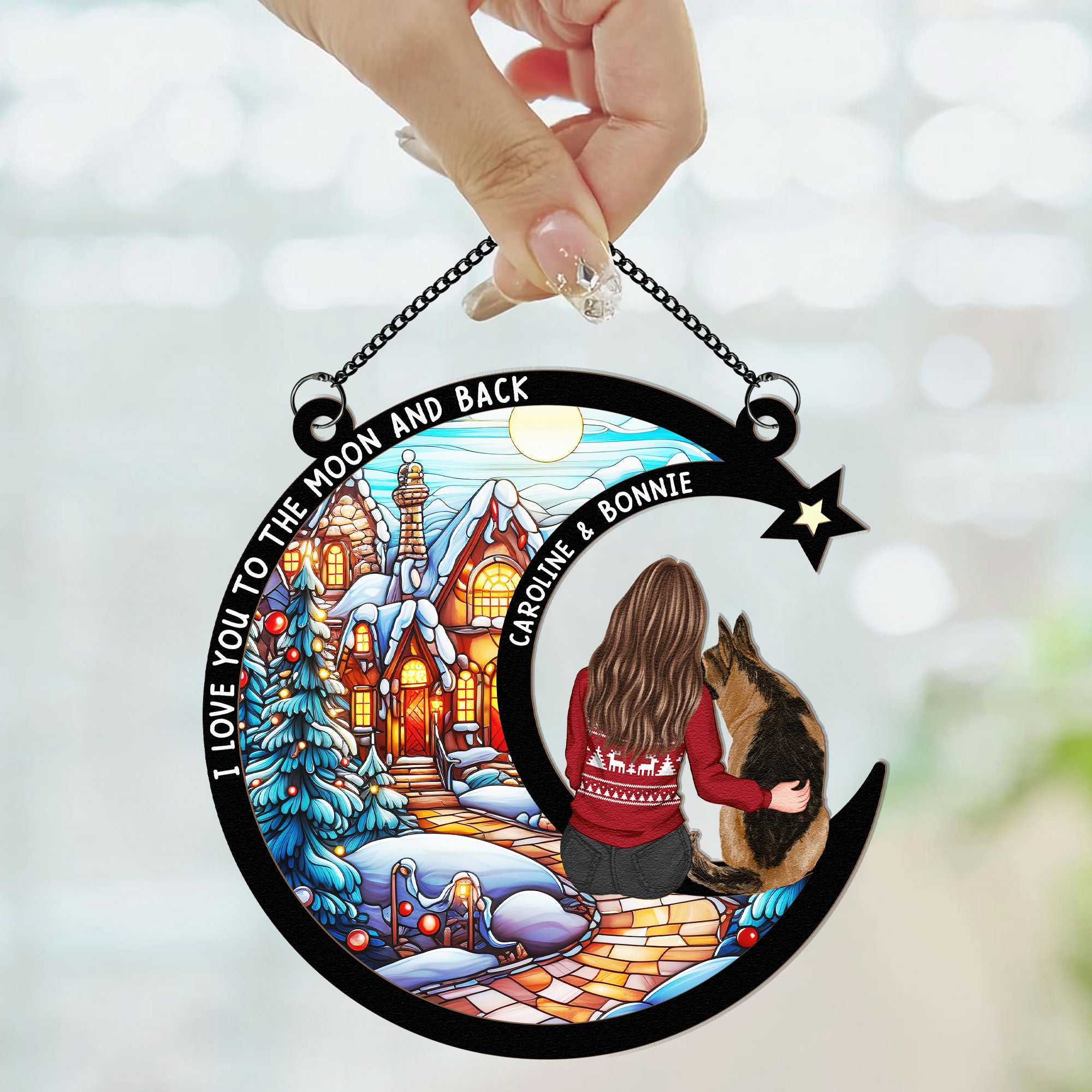 Sitting On The Moon With Dog - Personalized Window Hanging Suncatcher Ornament