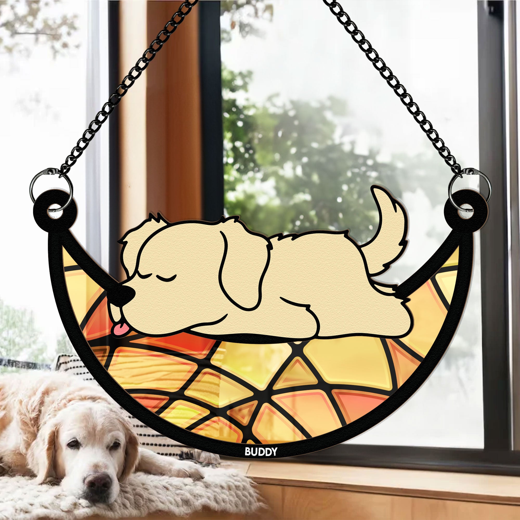 Sleeping Dog - New Version - Personalized Window Hanging Suncatcher Ornament