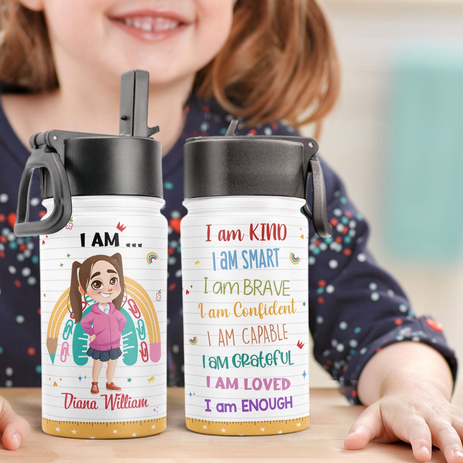 Smart Kind Loved - Personalized Kids Water Bottle With Straw Lid