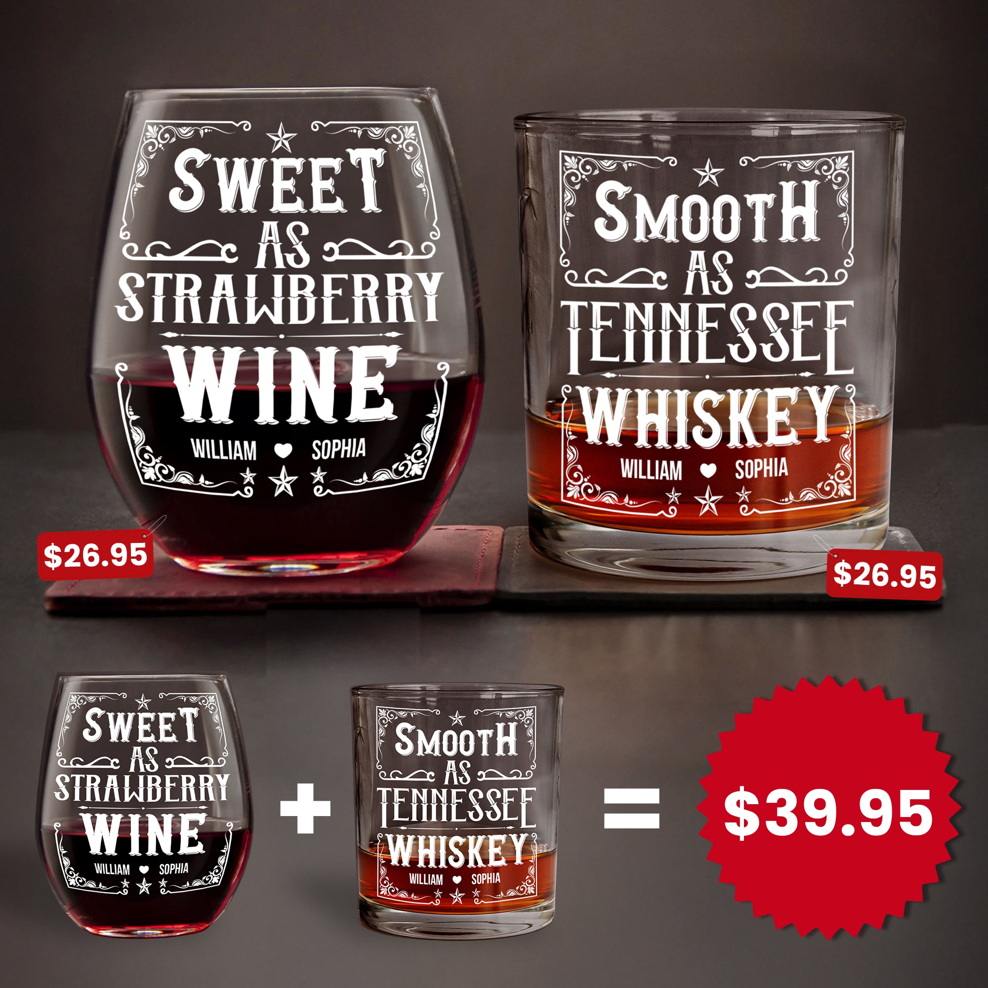 Smooth As Tennessee Whiskey Sweet As Strawberry Wine - Personalized Whiskey Glass And Wine Glass Set