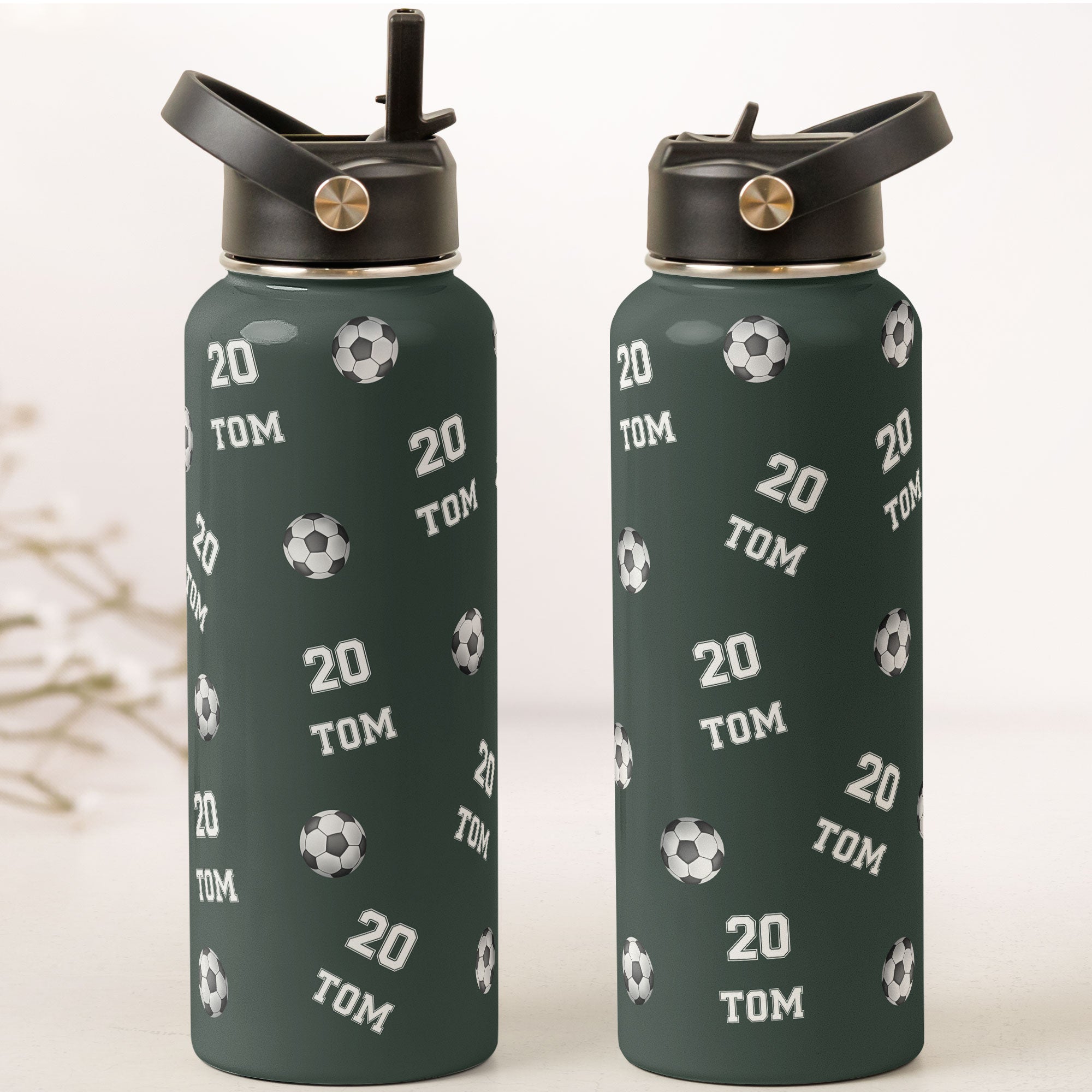 Soccer Custom Name, Number - Personalized Stainless Steel Water Bottle