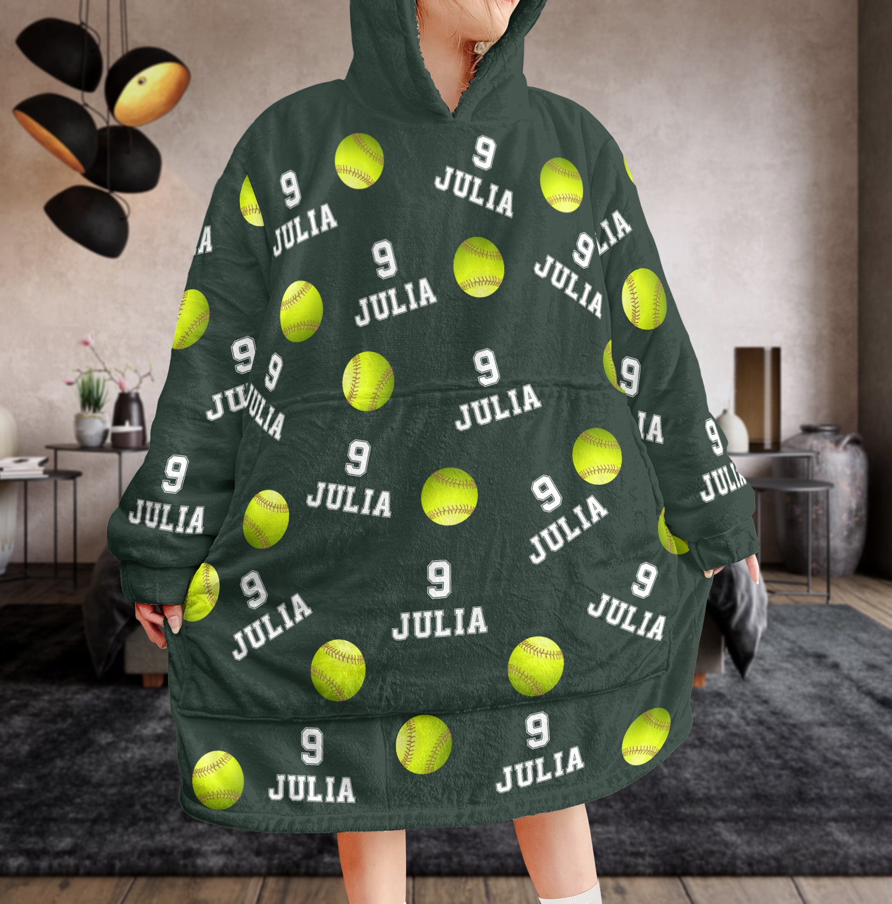 Softball Custom Name, Number - Personalized Oversized Blanket Hoodie