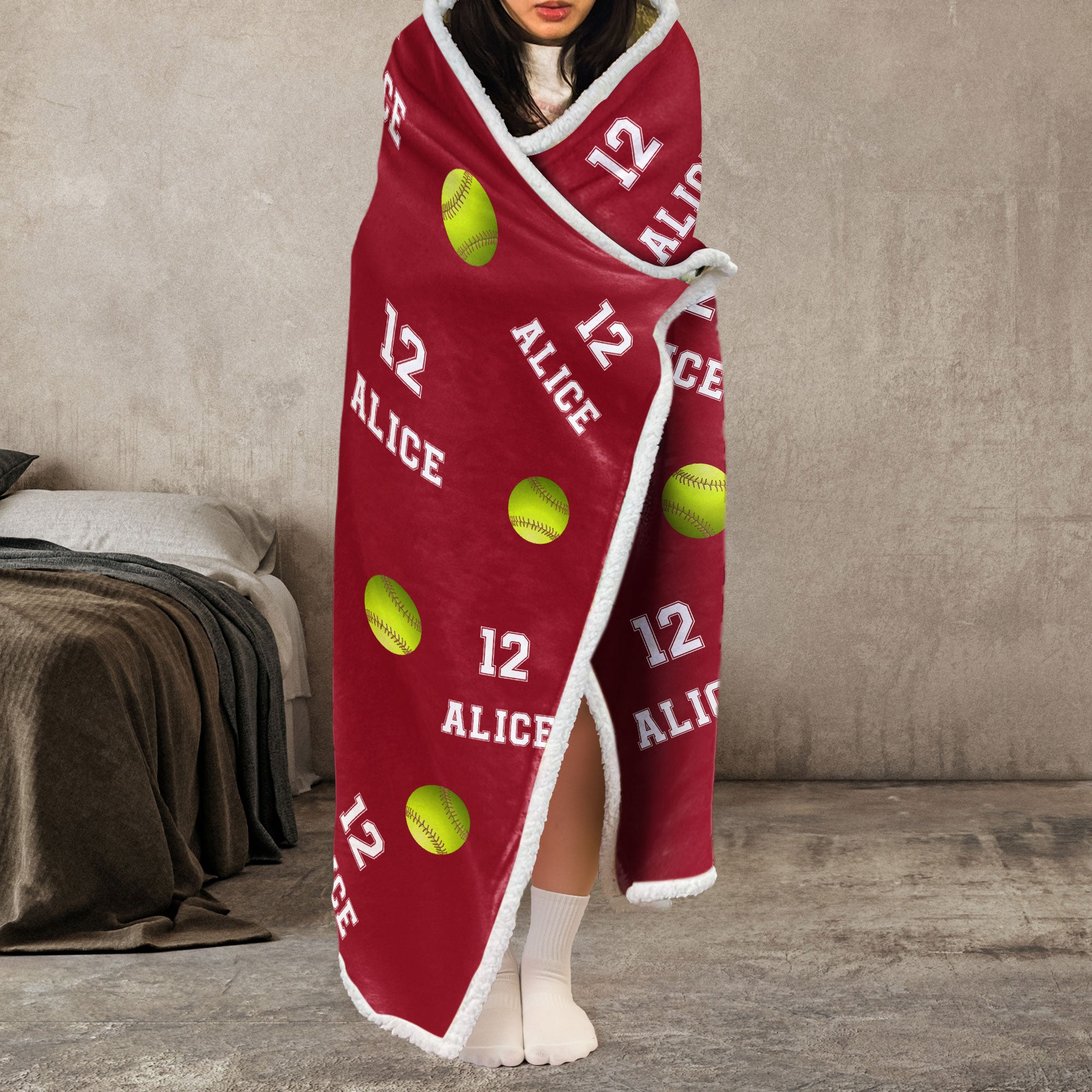 Softball Custom Name, Number - Personalized Wearable Blanket Hoodie