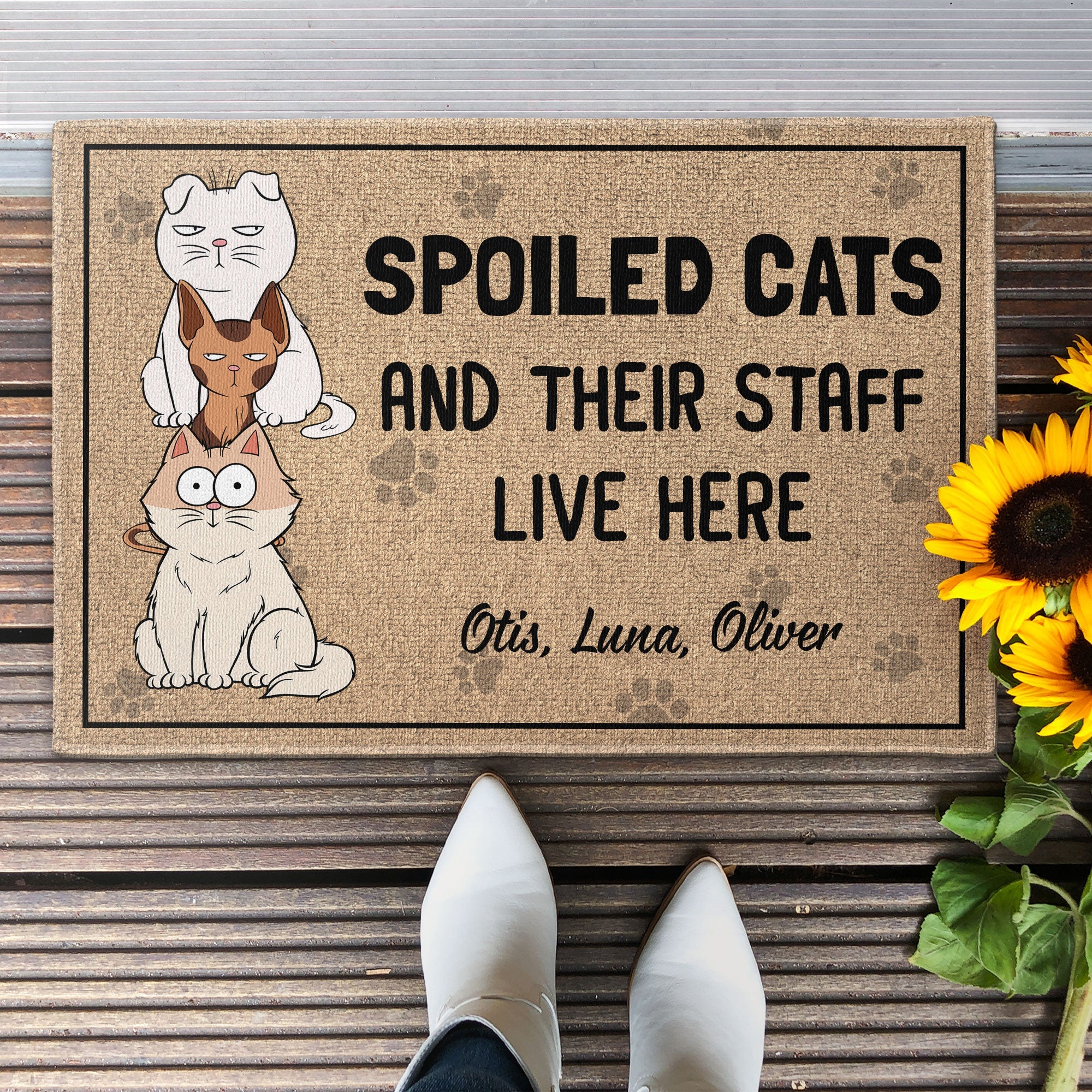 Spoiled Cats, Dogs And Their Staff Live Here - Personalized Doormat