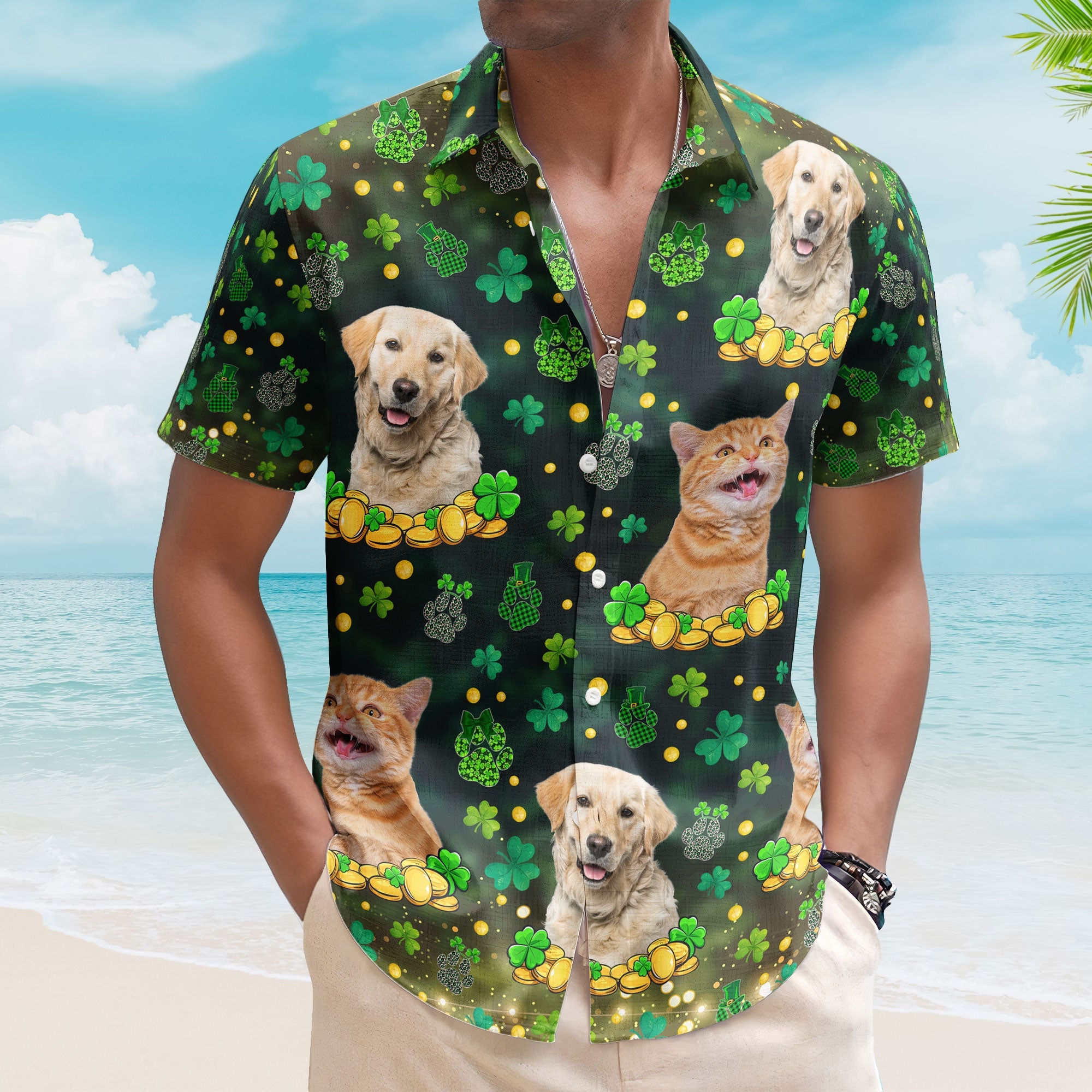 St.Patrick's Day Shamrock Paws Custom Funny Pet Face - Custom Photo Hawaiian Shirts