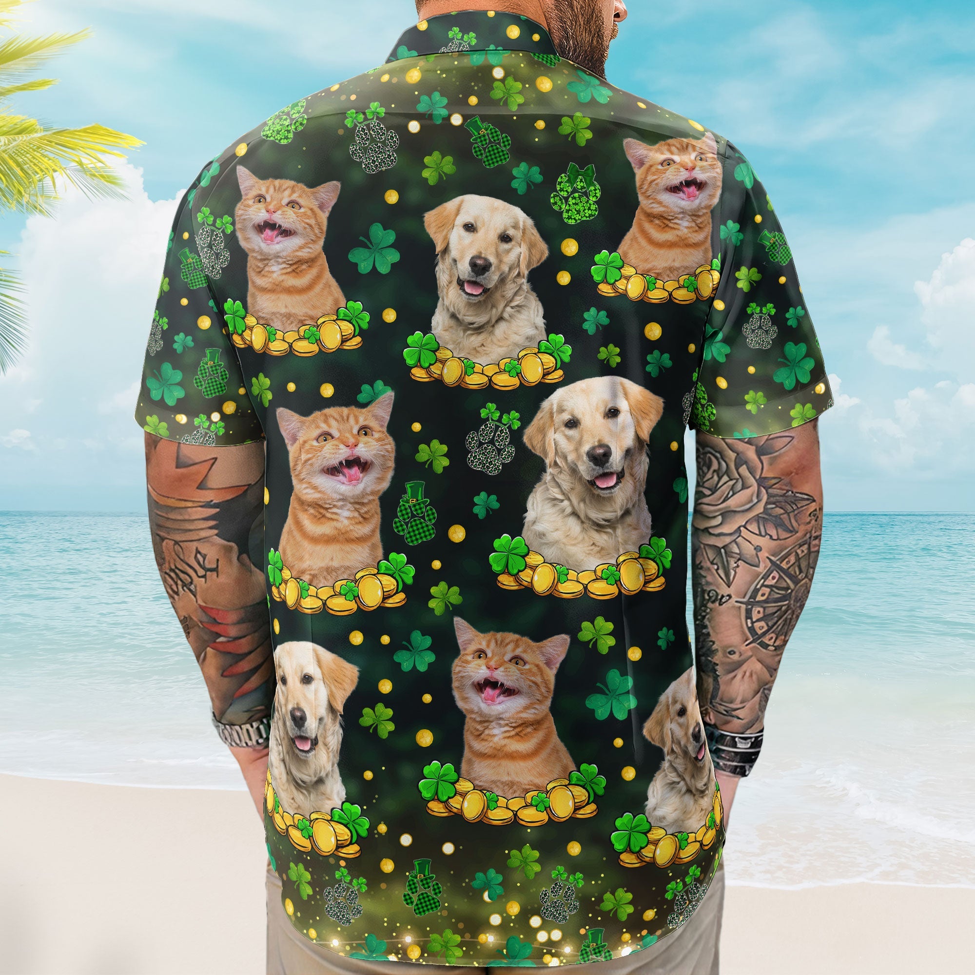 St.Patrick's Day Shamrock Paws Custom Funny Pet Face - Custom Photo Hawaiian Shirts