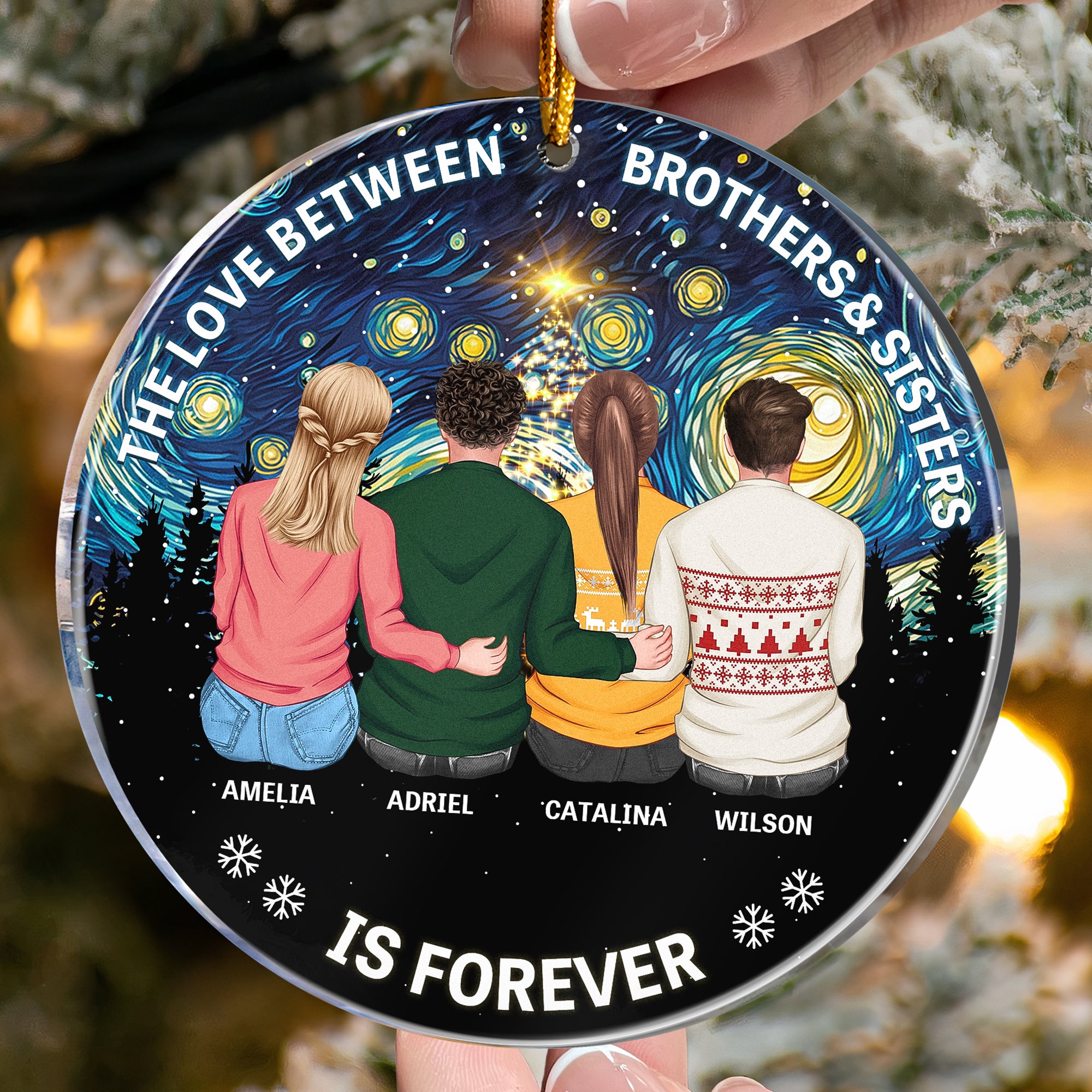 Starry Night Family Sitting Together - Personalized Acrylic Ornament