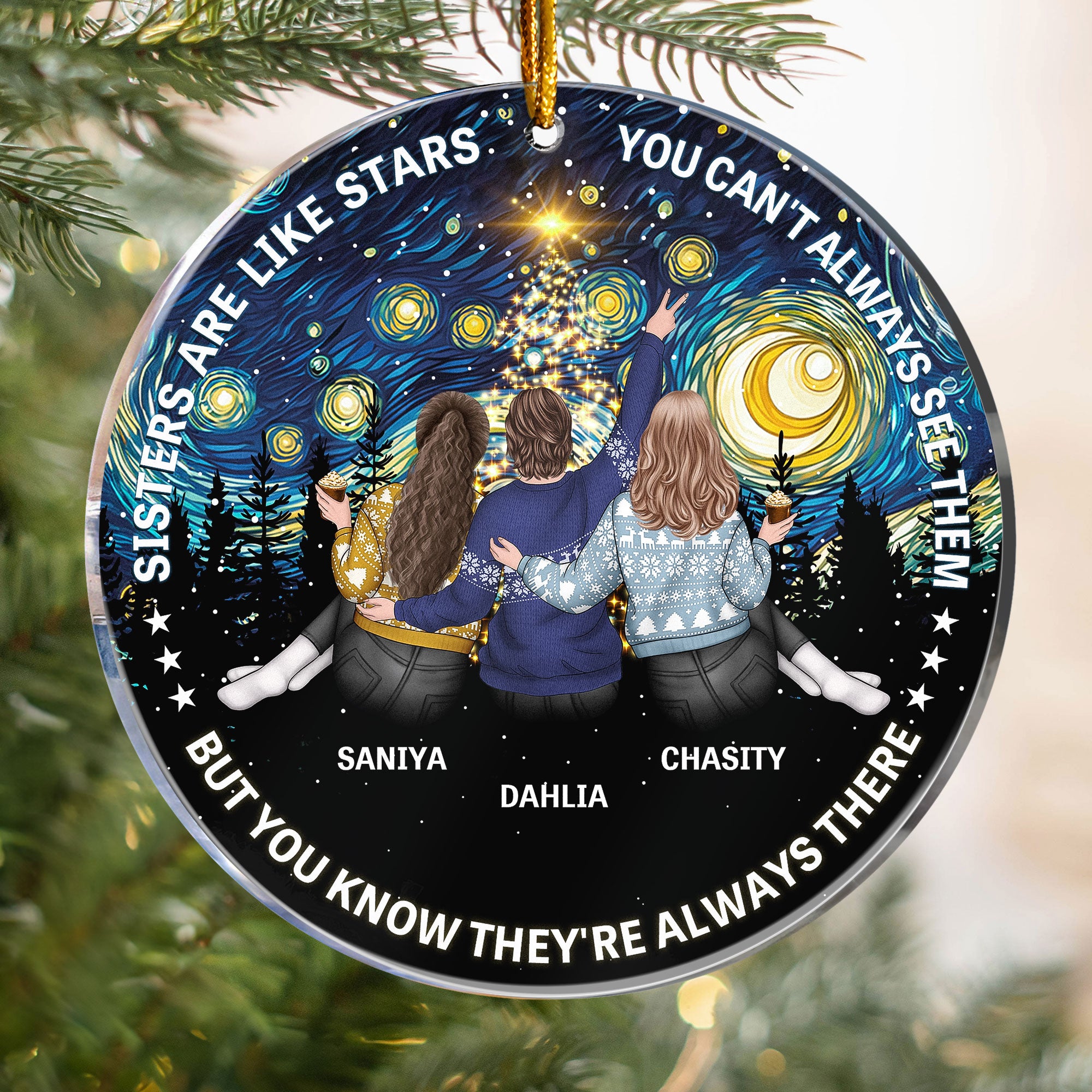 Starry Night Sisters Sitting Together - Personalized Acrylic Ornament