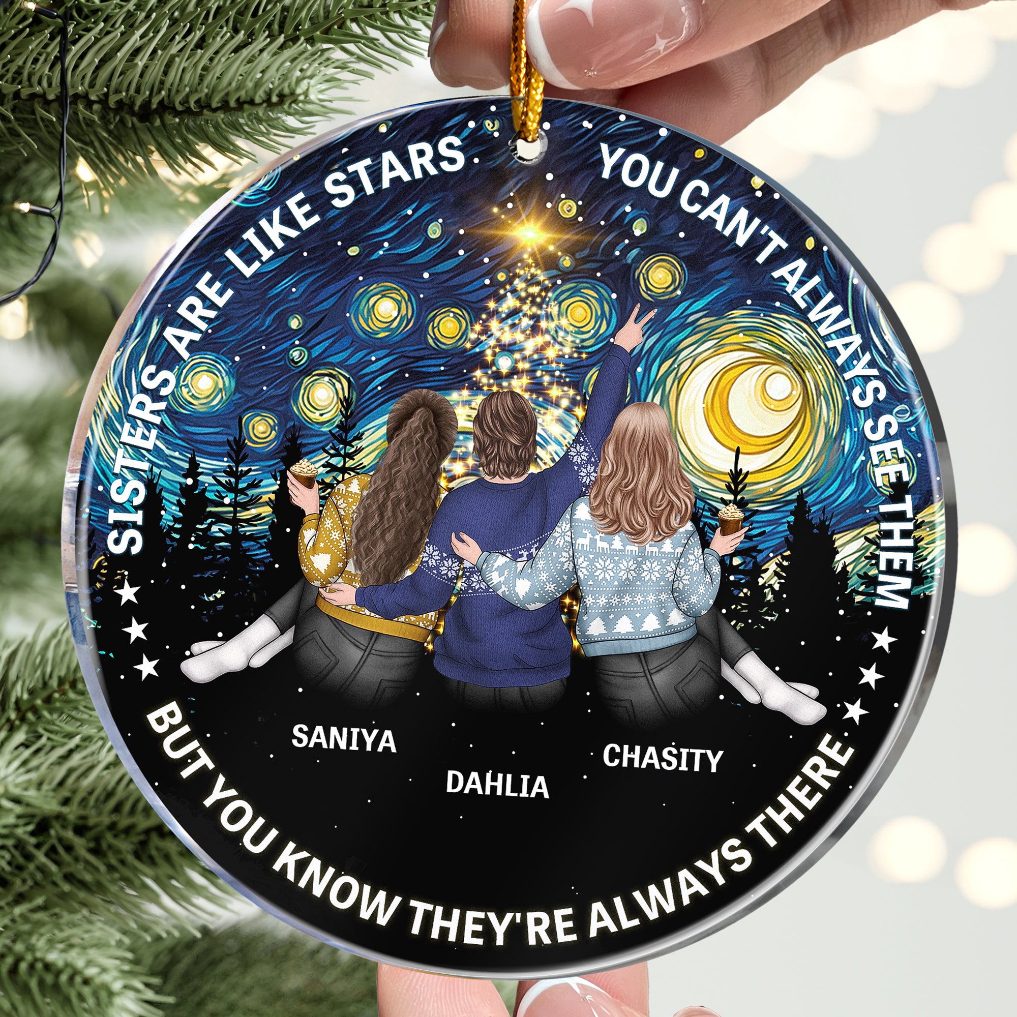 Starry Night Sisters Sitting Together - Personalized Acrylic Ornament