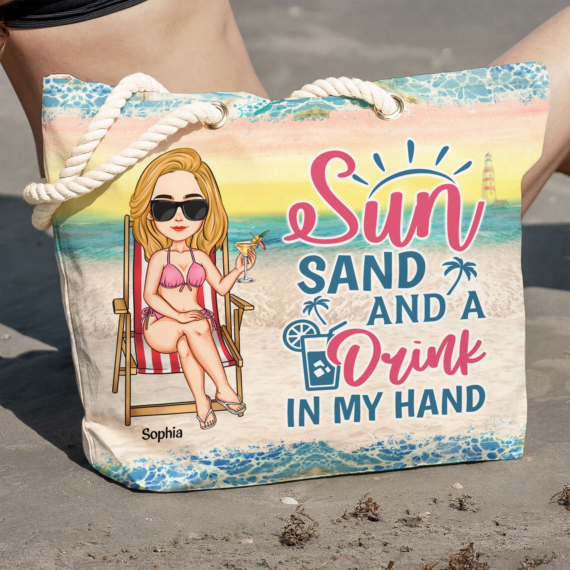 Sun, Sand And A Drink In My Hand - Personalized Beach Bag