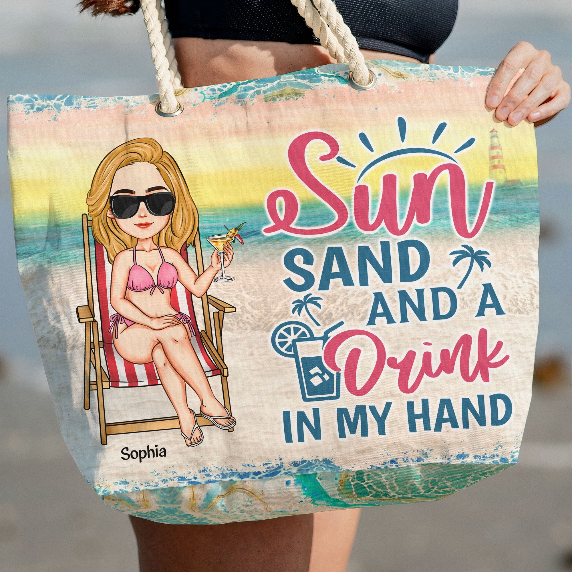 Sun, Sand And A Drink In My Hand - Personalized Beach Bag