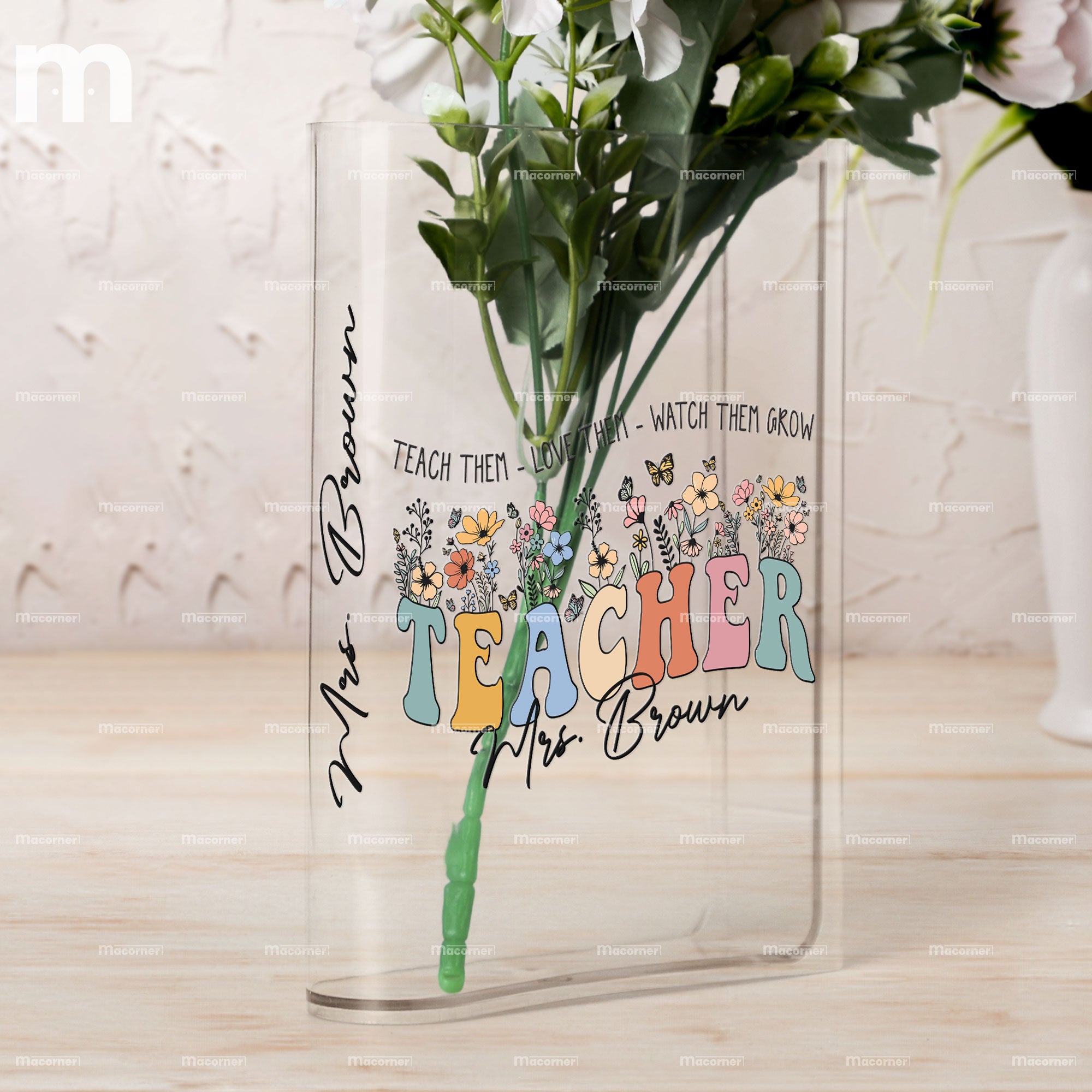 Teach Love Watch Them Grow Teacher Book Vase - Personalized Acrylic Book Vase