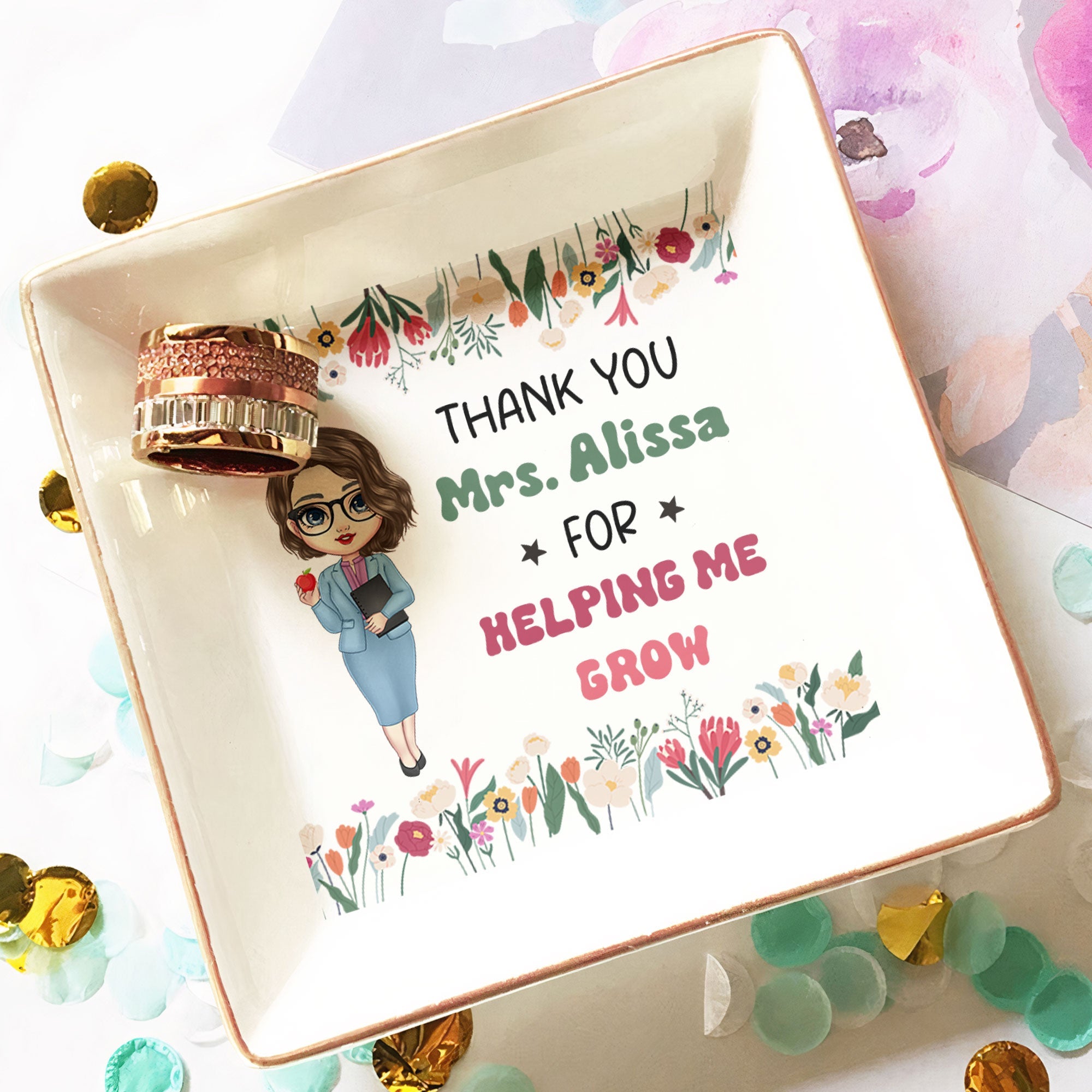 Teacher Gift Thank You For Helping Me Grow - Personalized Jewelry Dish