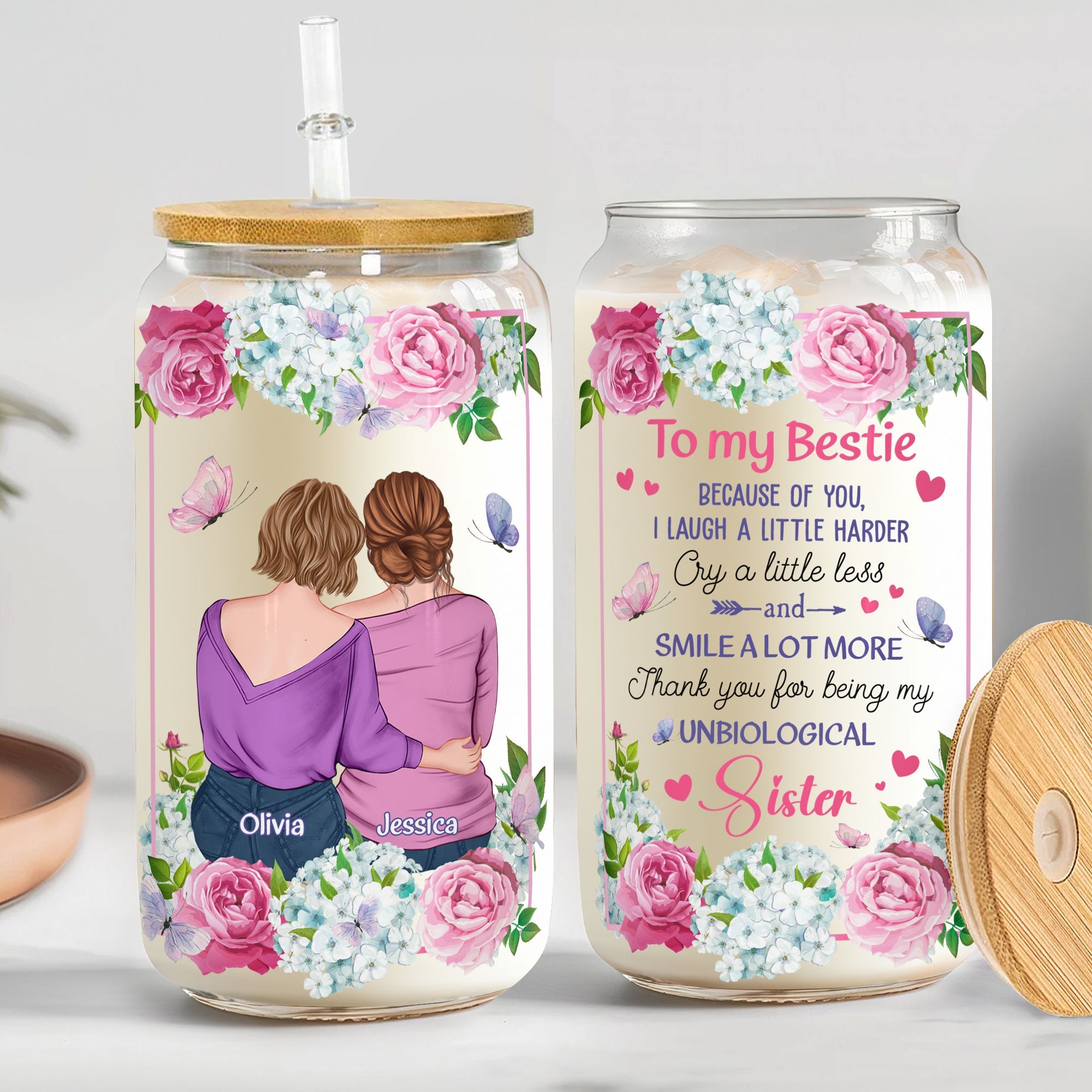 Thank You For Being My Unbiological Sister Floral - Personalized Clear Glass Cup