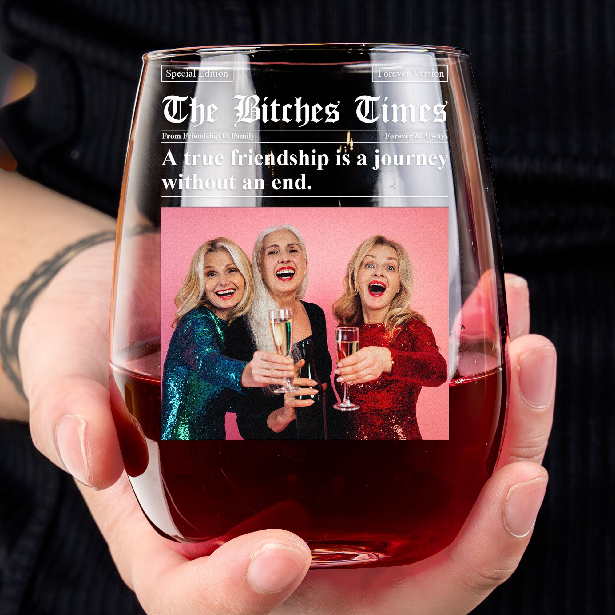 The Besties Times - Upload Friendship Photo - Gifts For BFFs, Sisters - Personalized Photo Stemless Wine Glass