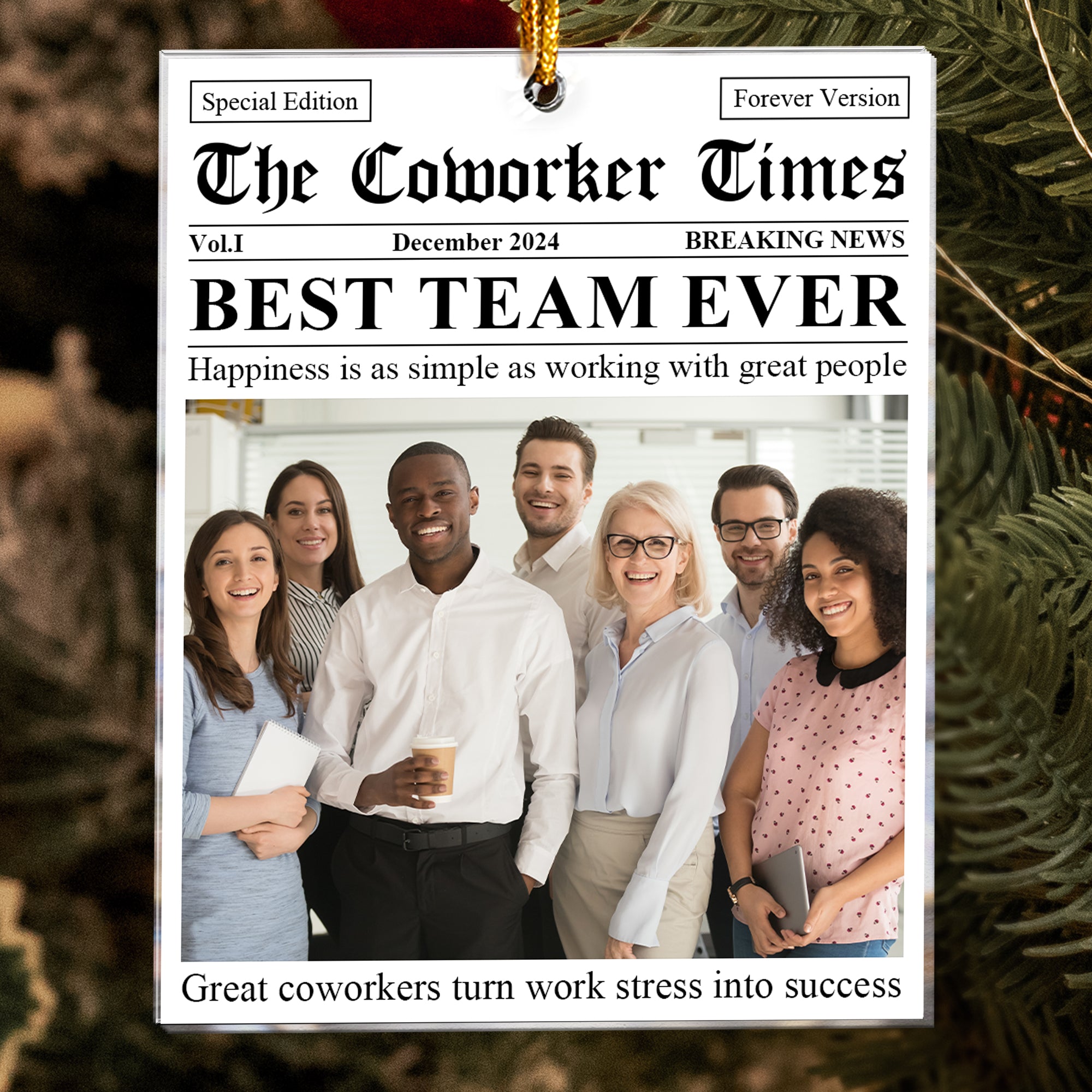 The Coworker Times Best Team Ever Newspaper - Personalized Acrylic Photo Ornament