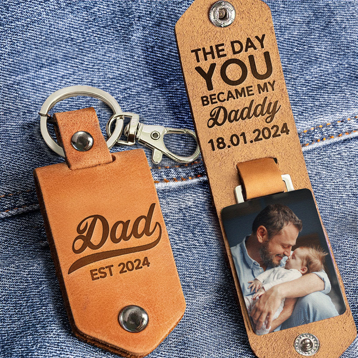 The Day You Became My Daddy First Time Dad - Personalized Leather Photo Keychain