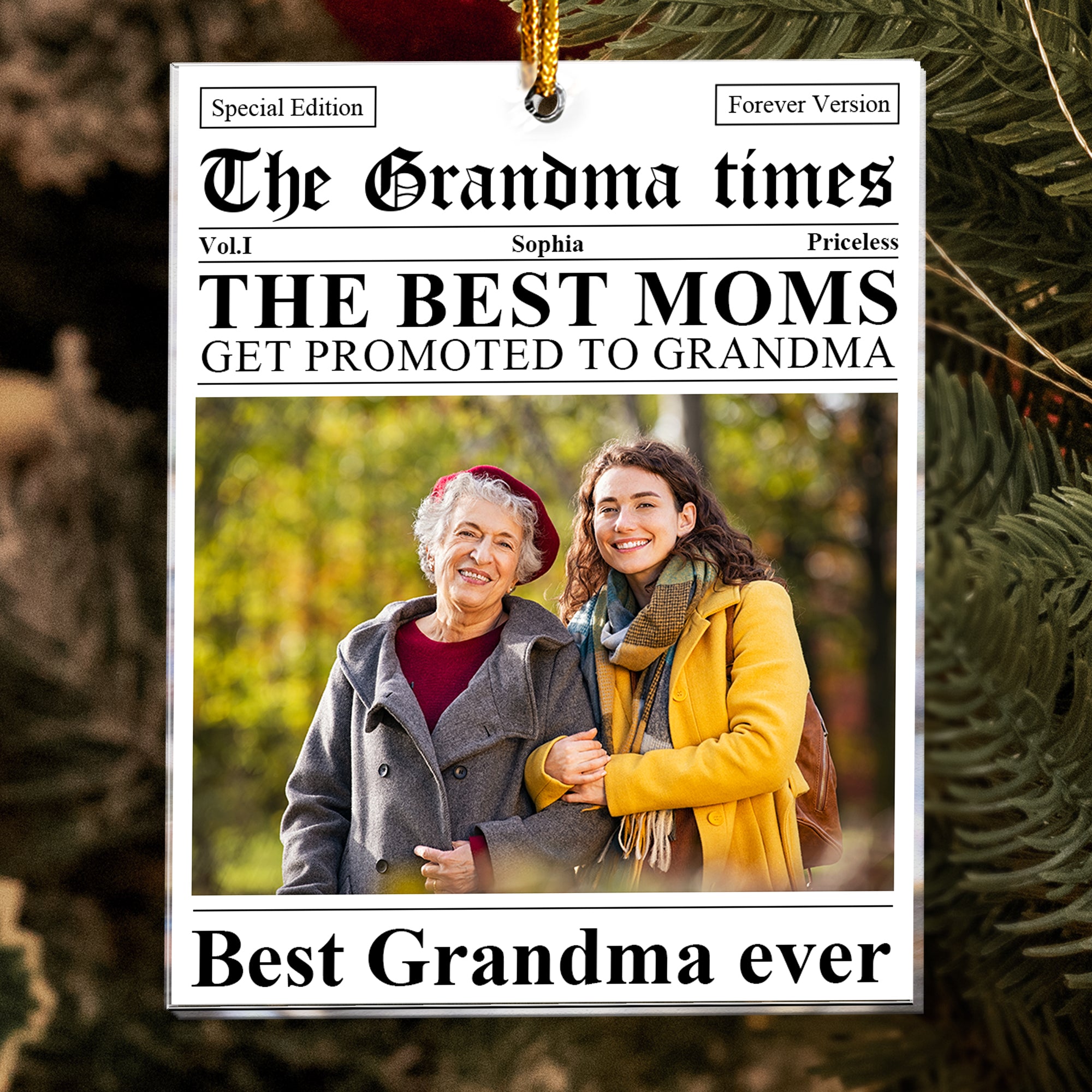 The Grandma Times Grandma Gifts Newspaper - Personalized Acrylic Photo Ornament