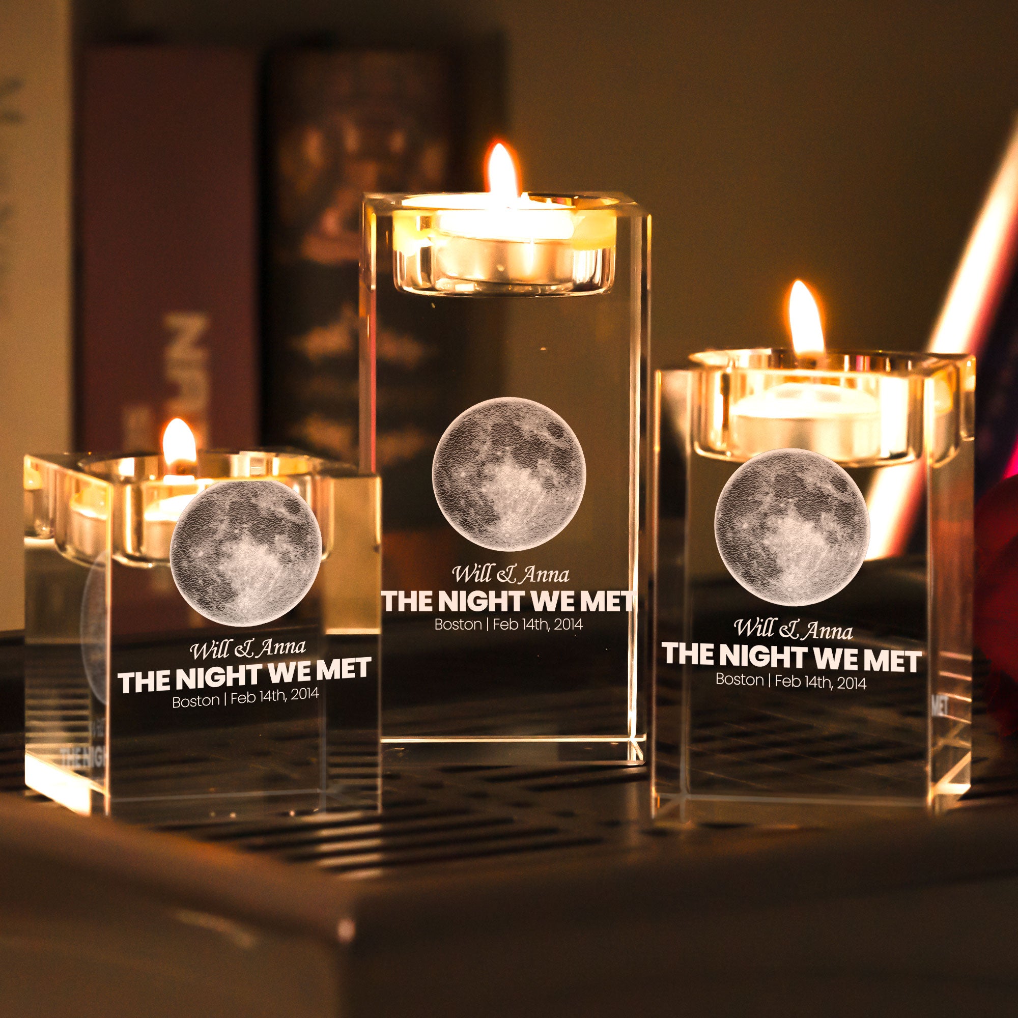 The Night Our Story Began Custom Moon Phase - Personalized 2D Crystal Candle Holder