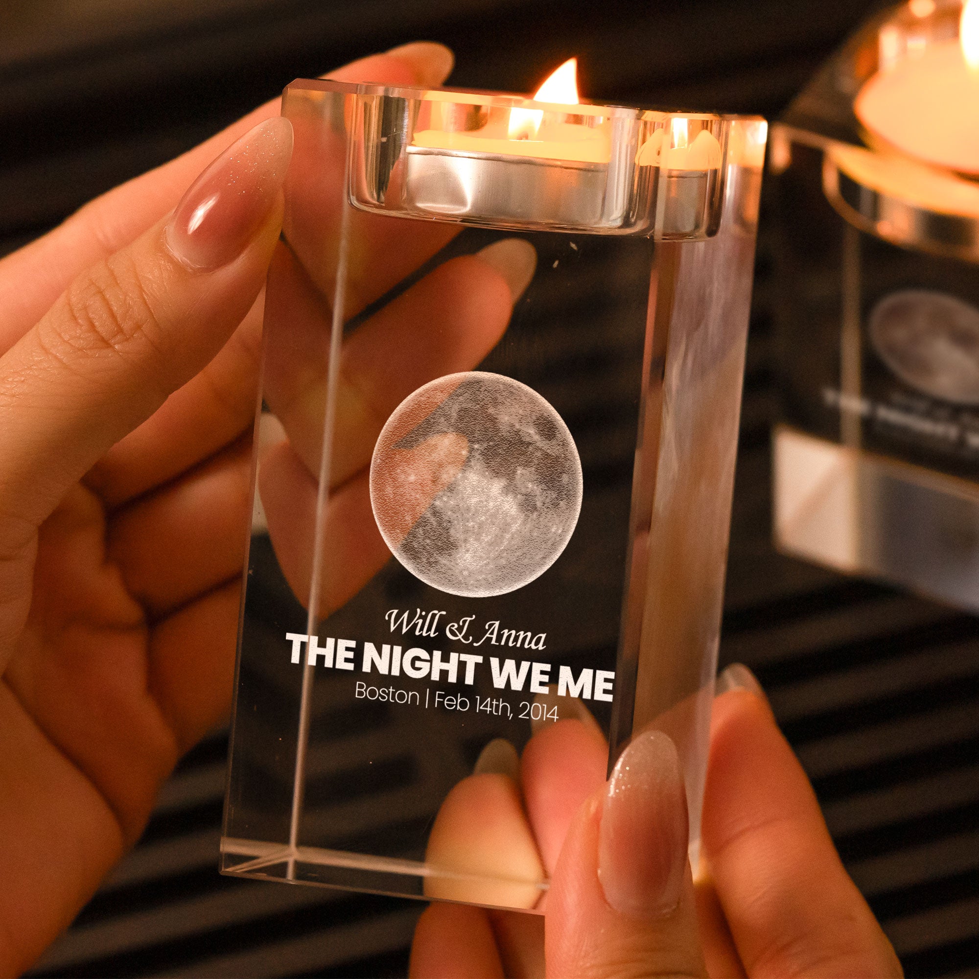 The Night Our Story Began Custom Moon Phase - Personalized 2D Crystal Candle Holder