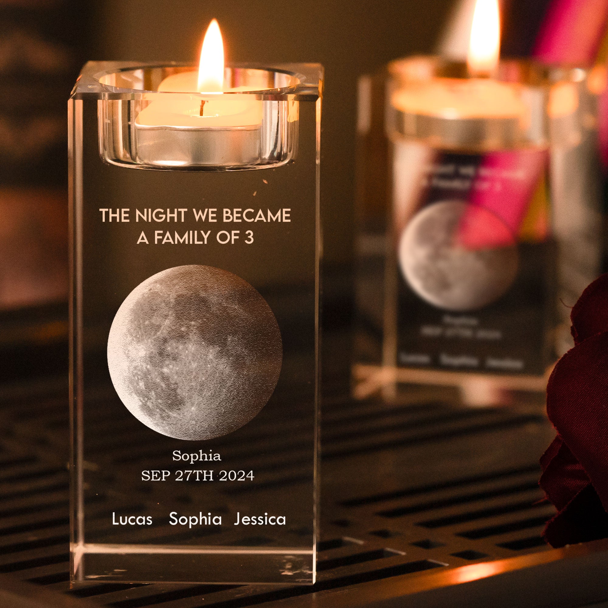 The Night We Became A Family Of 3 - Personalized 2D Crystal Candle Holder - Moon Phase