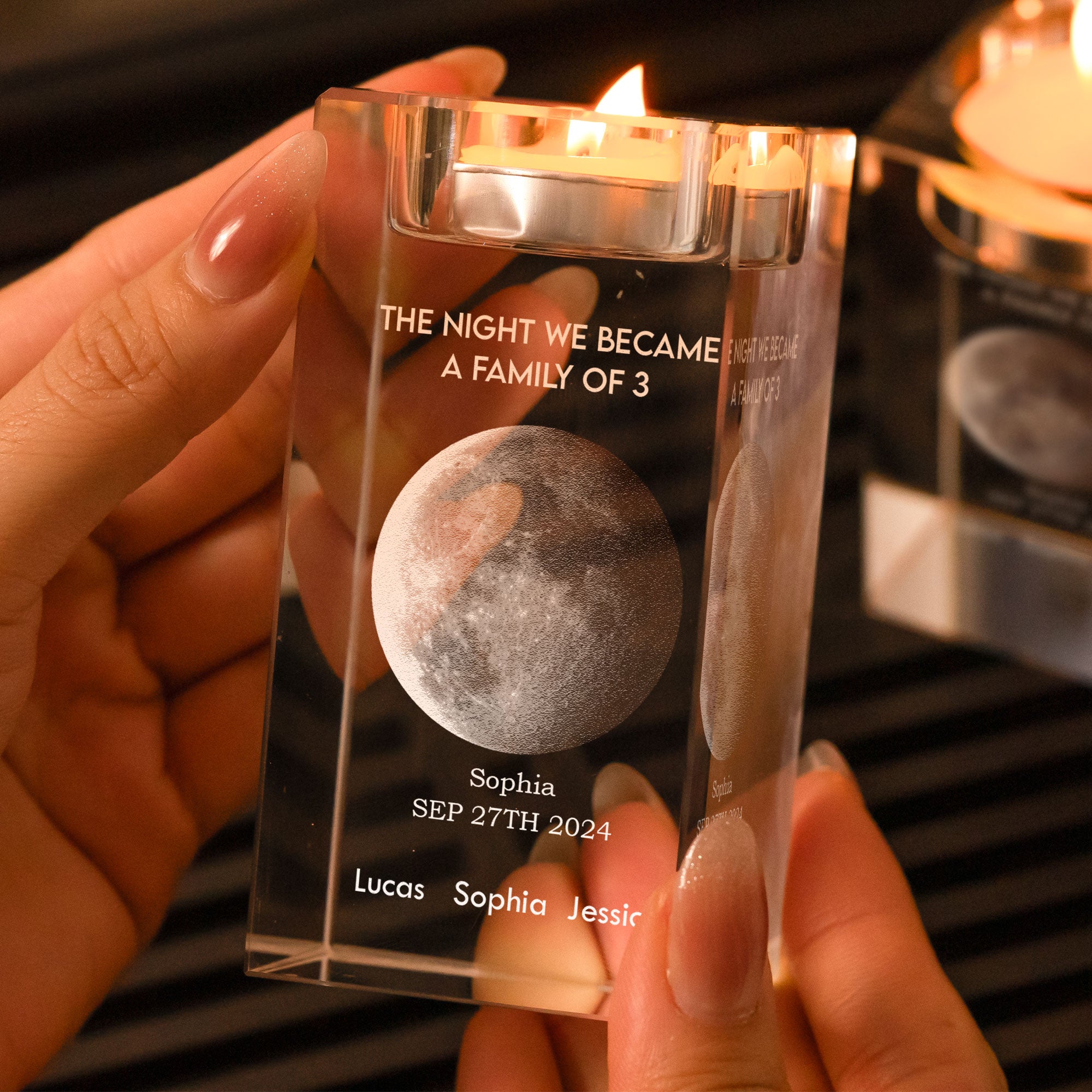 The Night We Became A Family Of 3 - Personalized 2D Crystal Candle Holder - Moon Phase