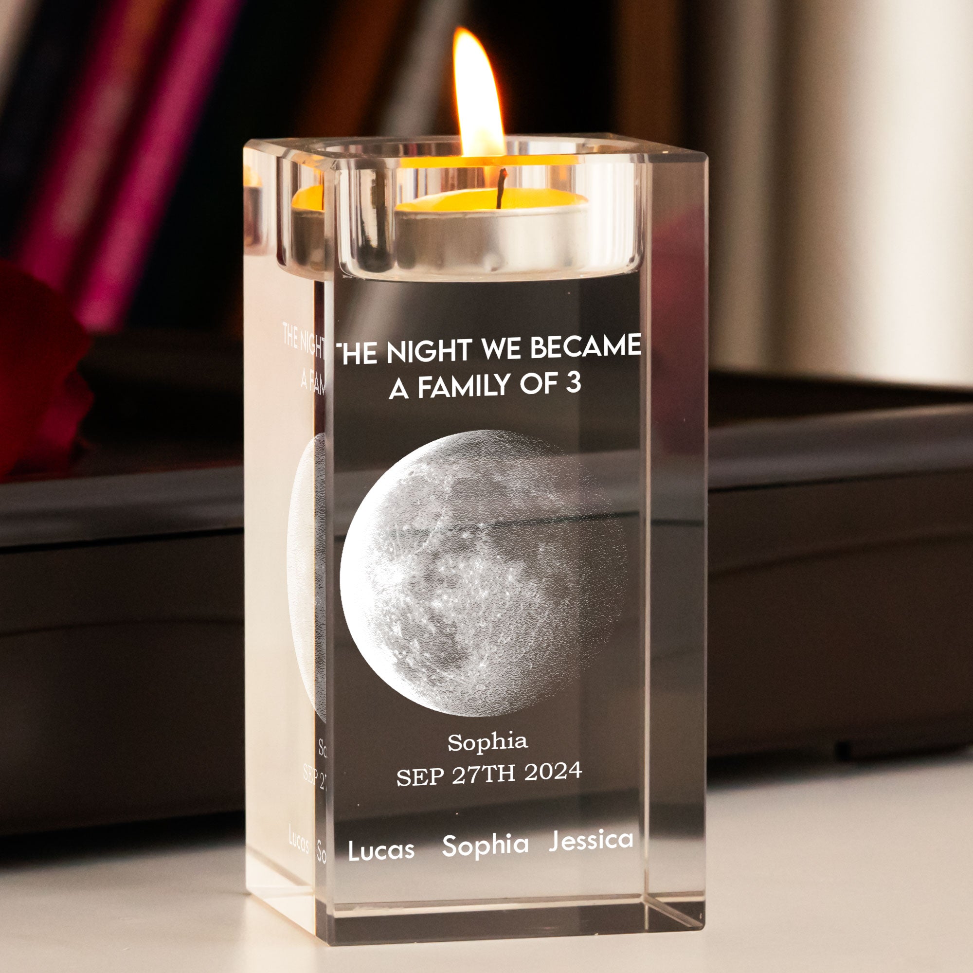 The Night We Became A Family Of 3 - Personalized 2D Crystal Candle Holder - Moon Phase