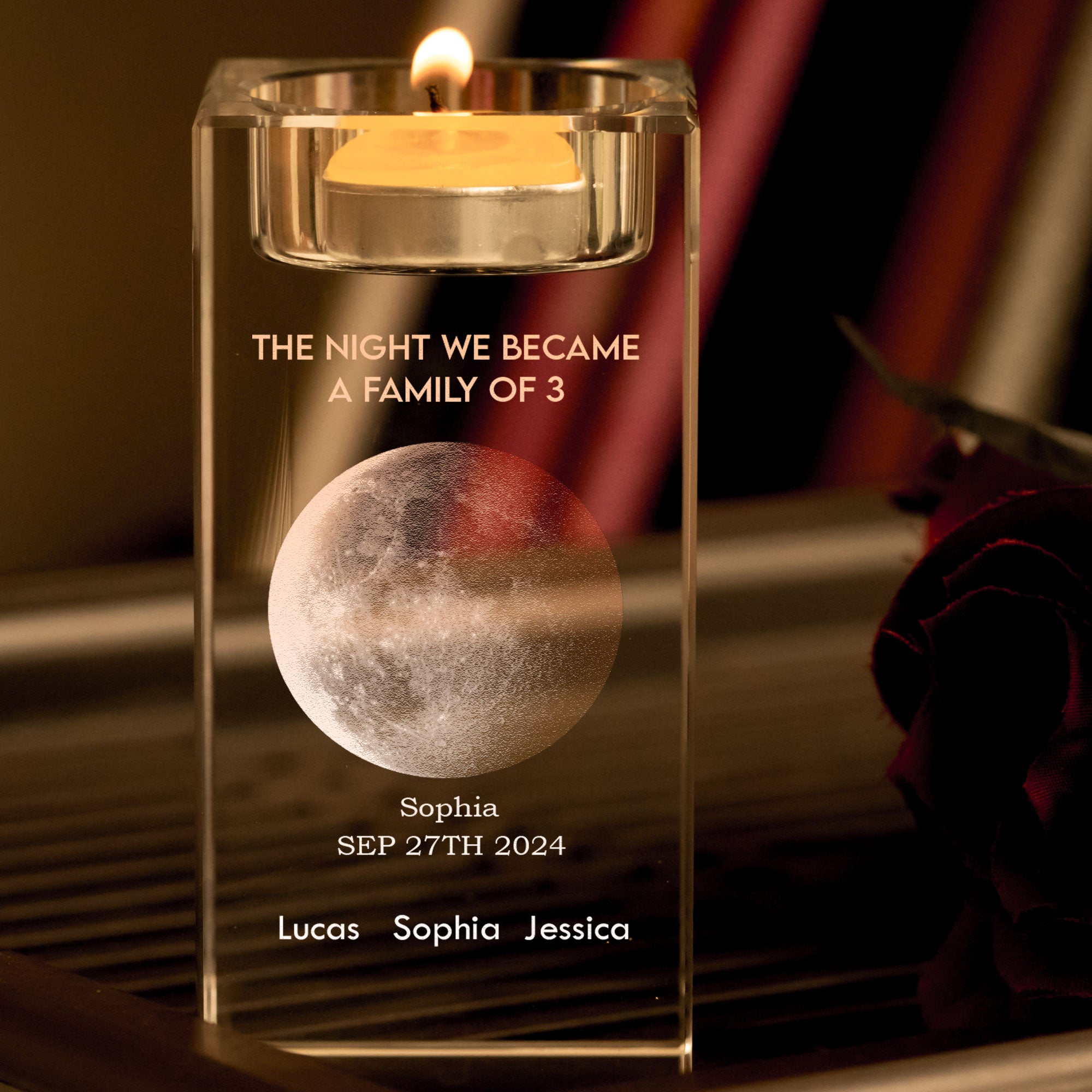 The Night We Became A Family Of 3 - Personalized 2D Crystal Candle Holder - Moon Phase