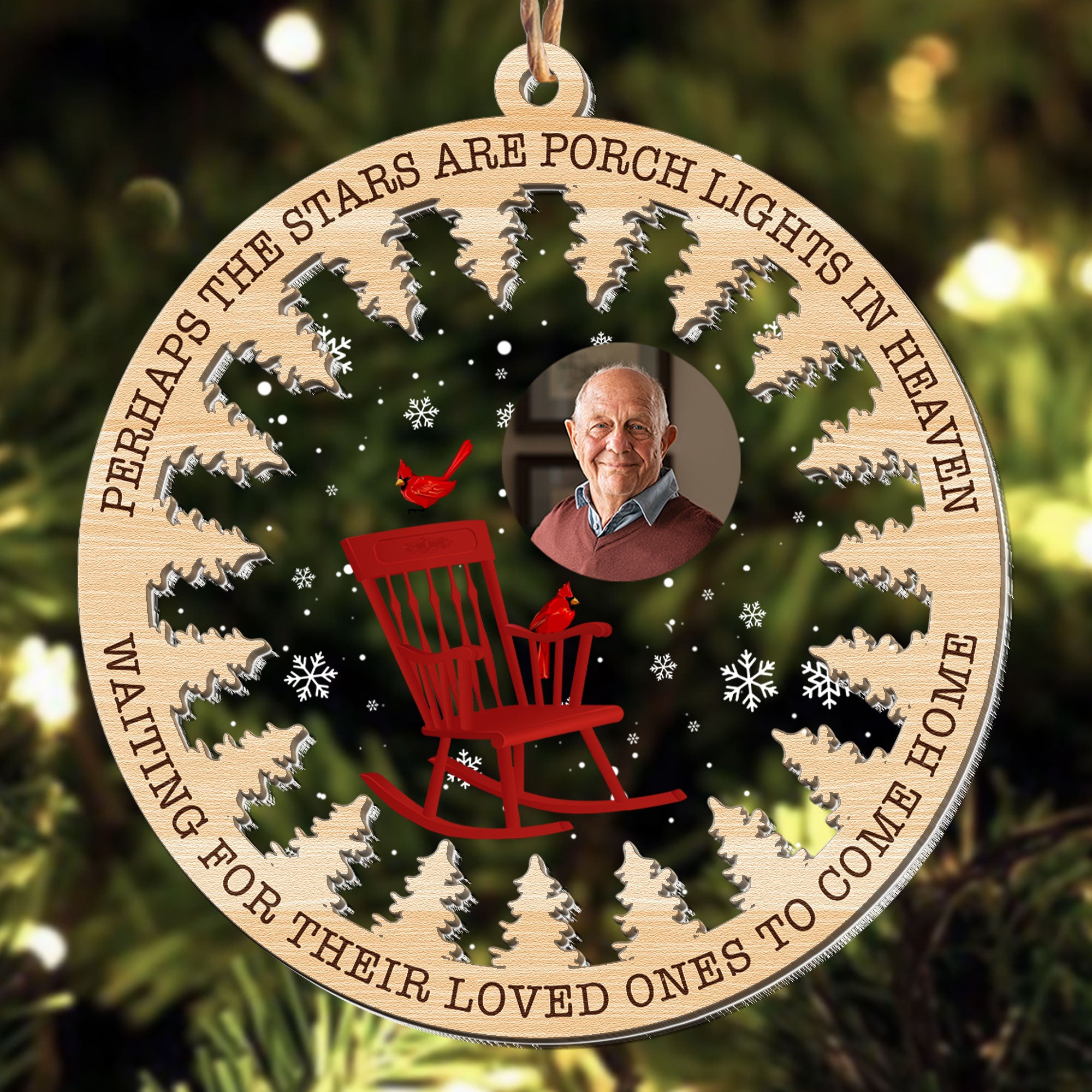 The Stars Are Porch Lights In Heaven Memorial - Personalized Photo Wood And Acrylic Ornament