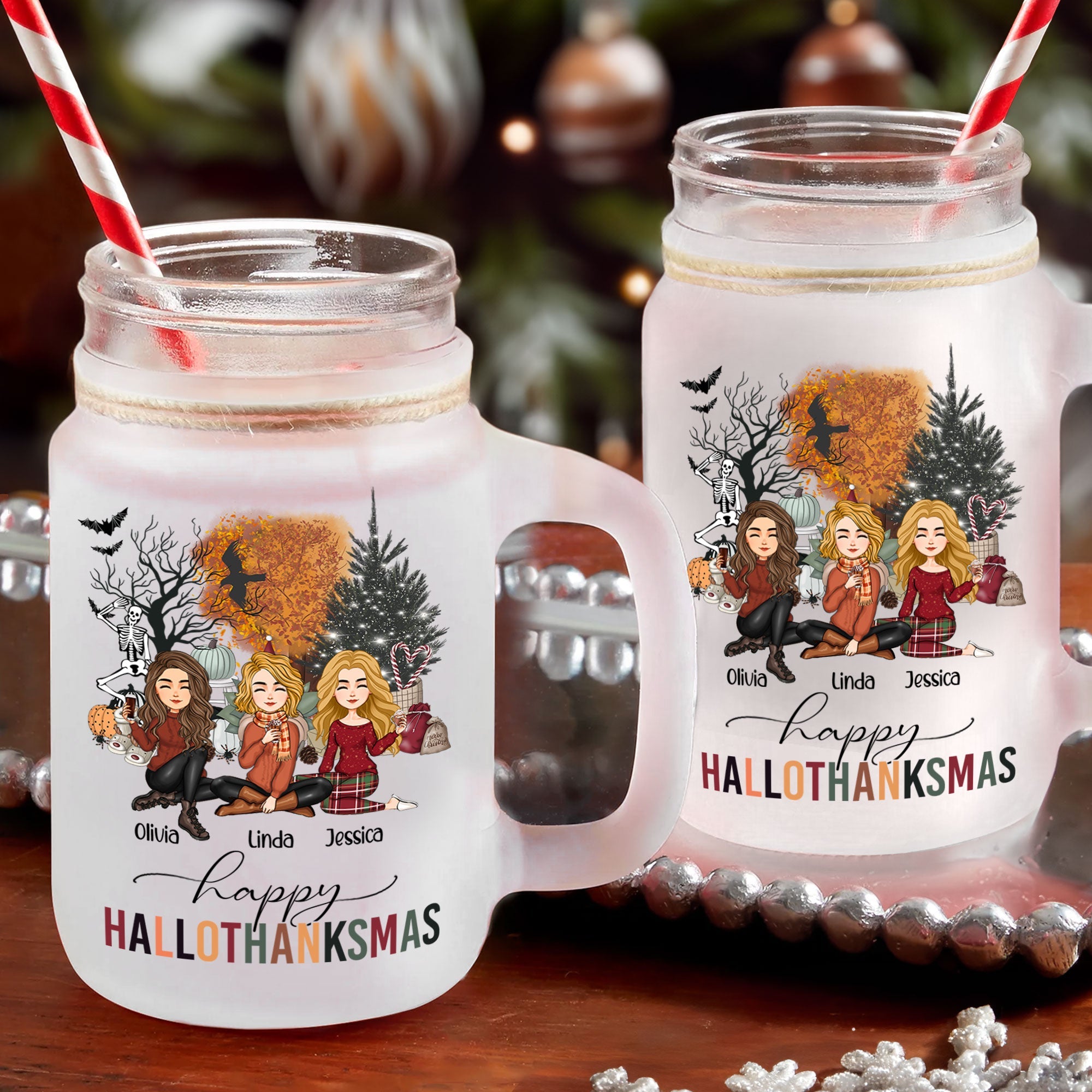 Happy Hallothanksmas Besties Friendship - Personalized Mason Jar Cup With Straw