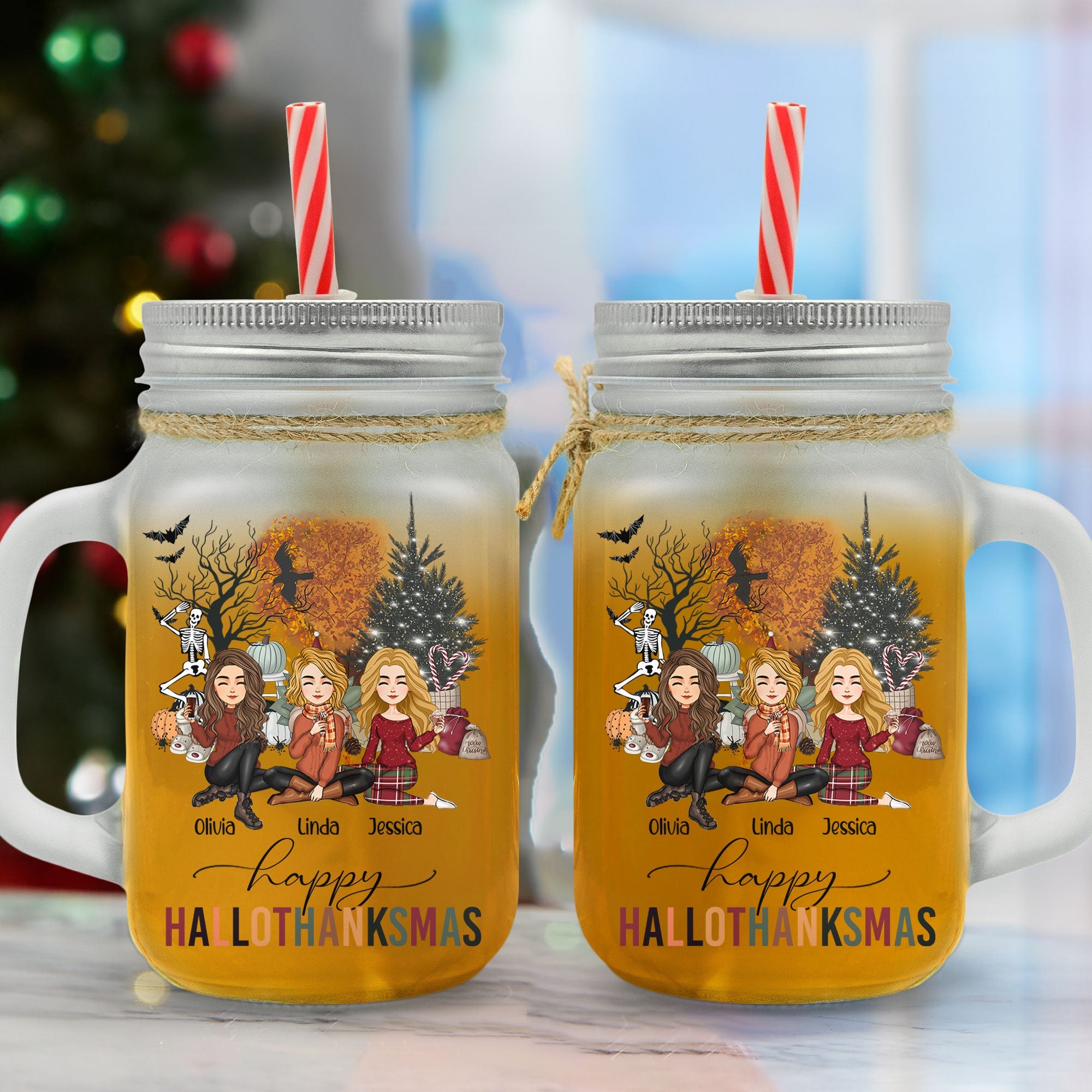 Happy Hallothanksmas Besties Friendship - Personalized Mason Jar Cup With Straw