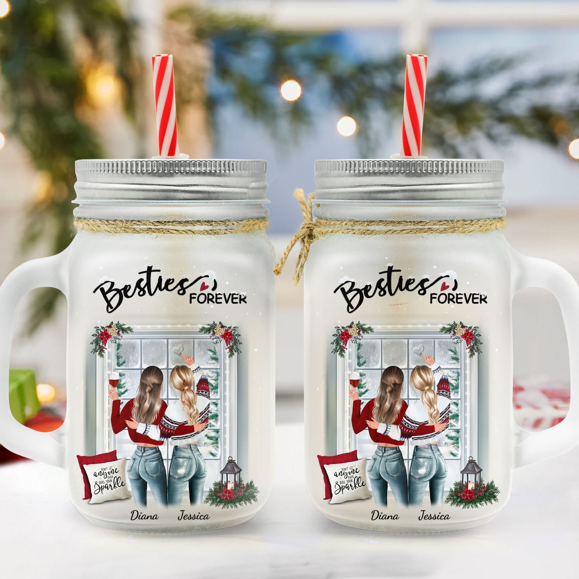 Besties Forever - Personalized Mason Jar Cup With Straw