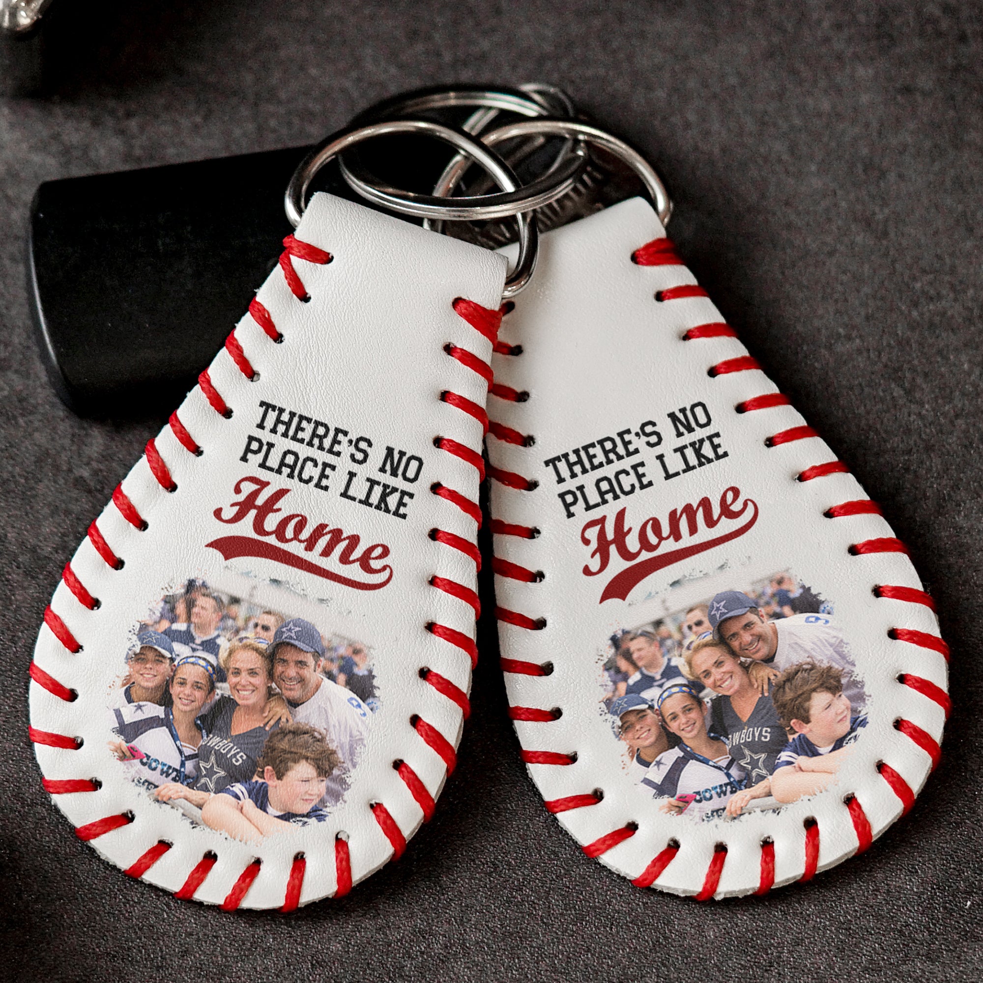 There's No Place Like Home - Personalized Leather Baseball Photo Keychain