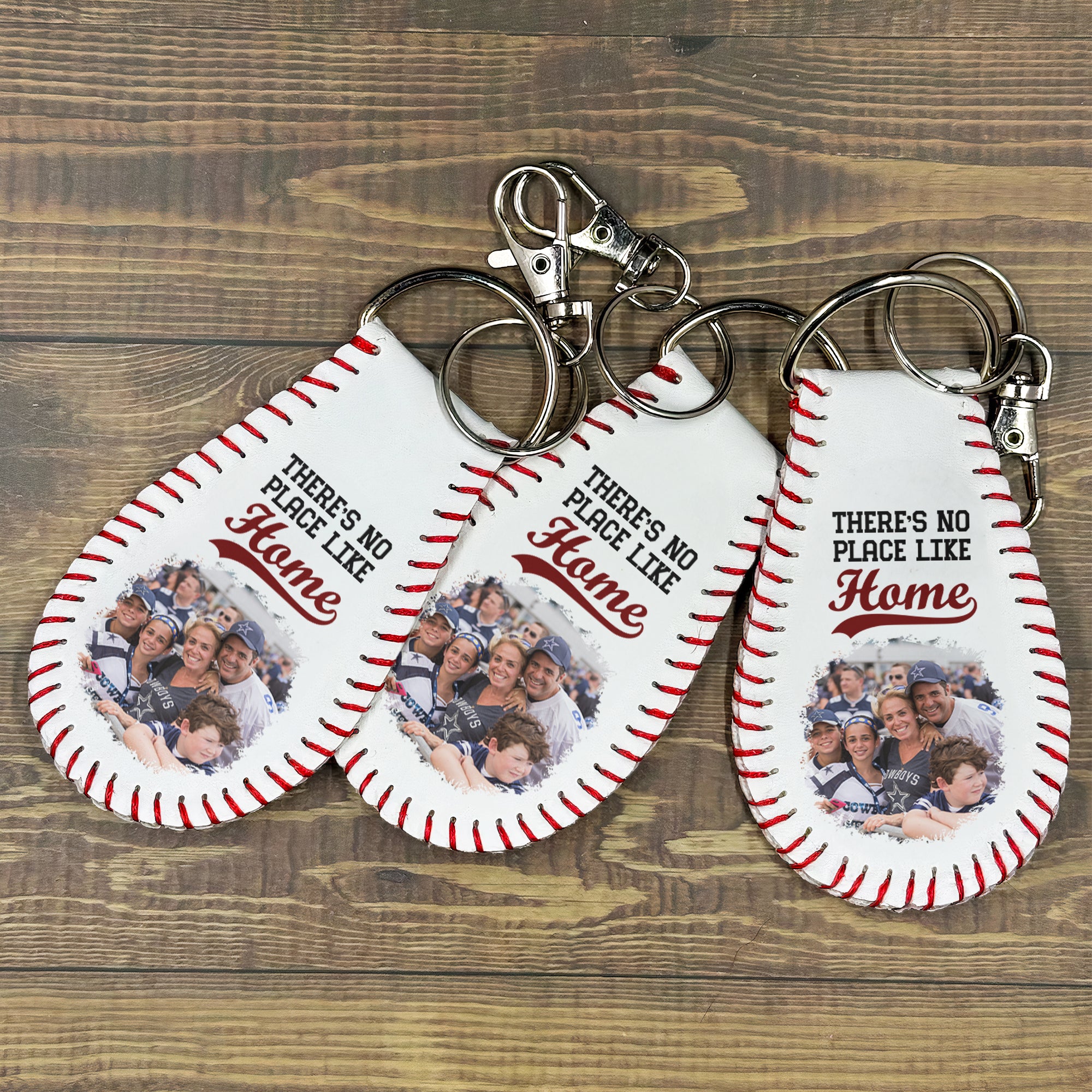 There's No Place Like Home - Personalized Leather Baseball Photo Keychain