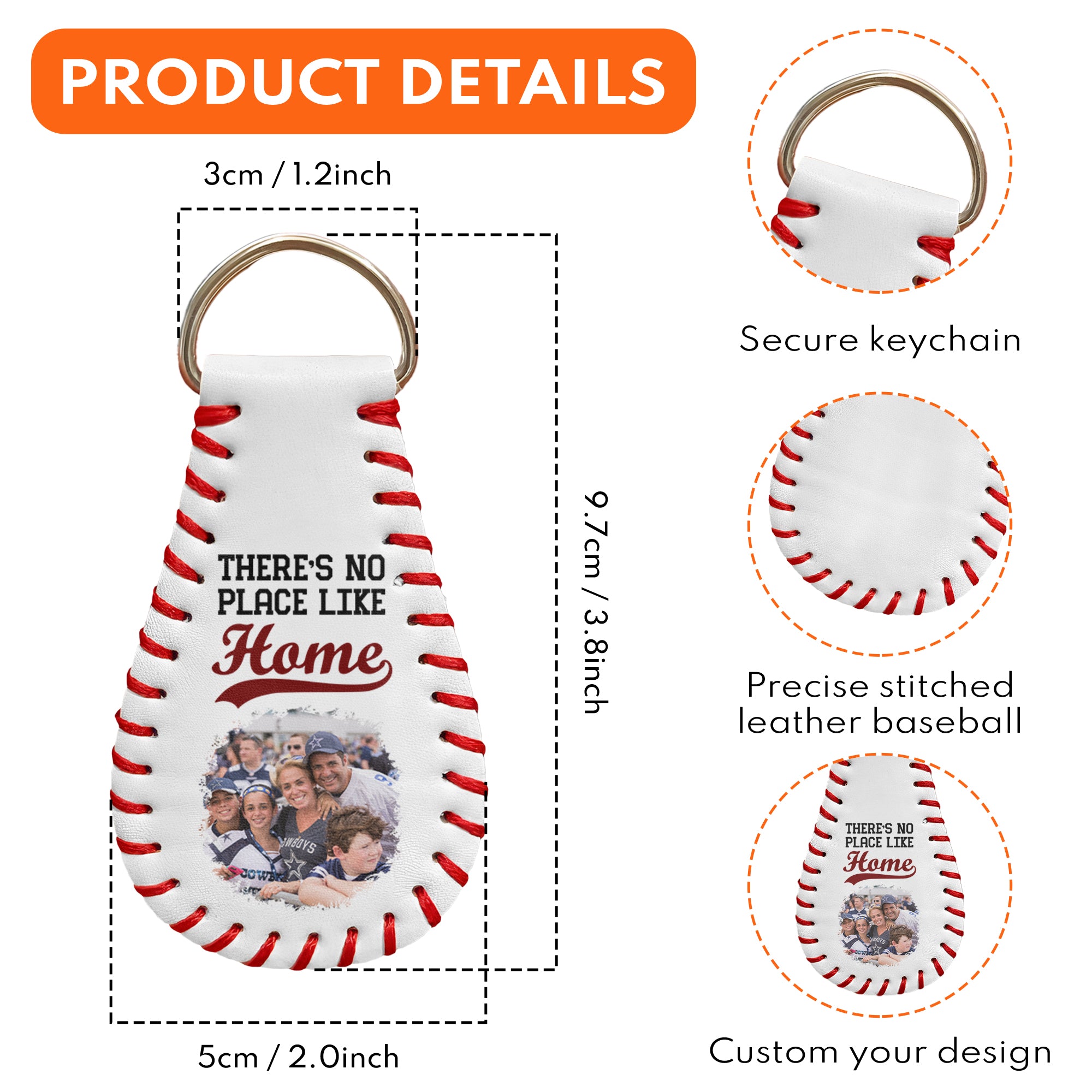 There's No Place Like Home - Personalized Leather Baseball Photo Keychain