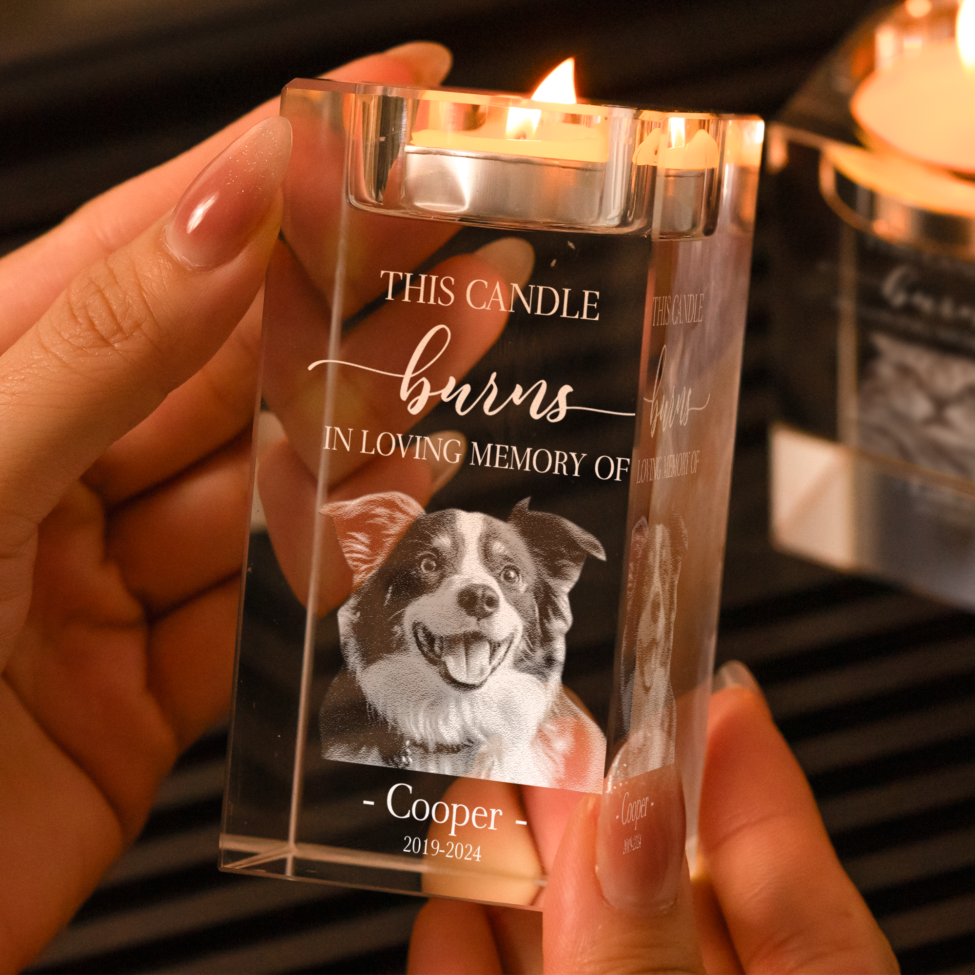 This Candle Burns In Loving Memory Of Loss Pet - Personalized 3D Photo Crystal Candle Holder