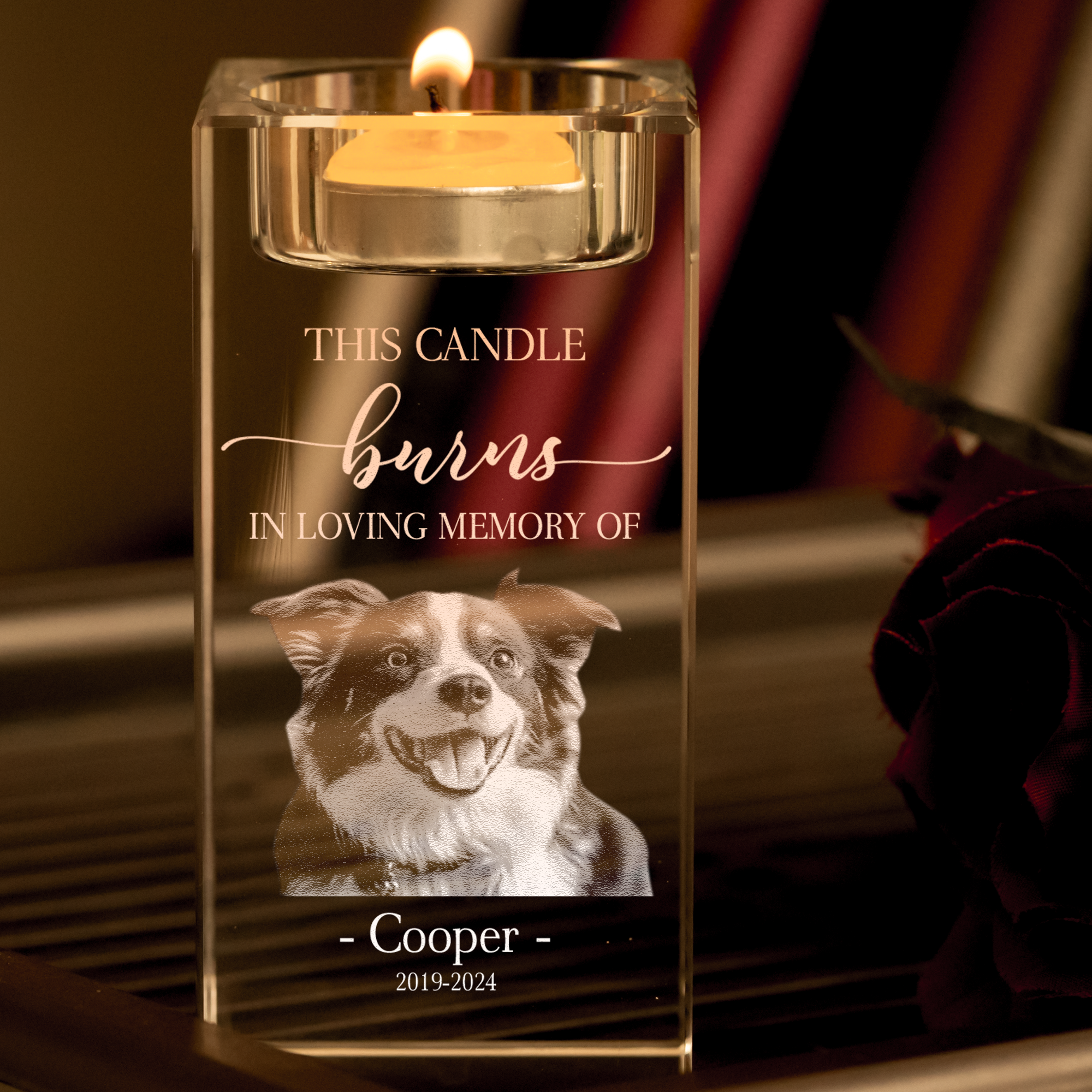 This Candle Burns In Loving Memory Of Loss Pet - Personalized 3D Photo Crystal Candle Holder