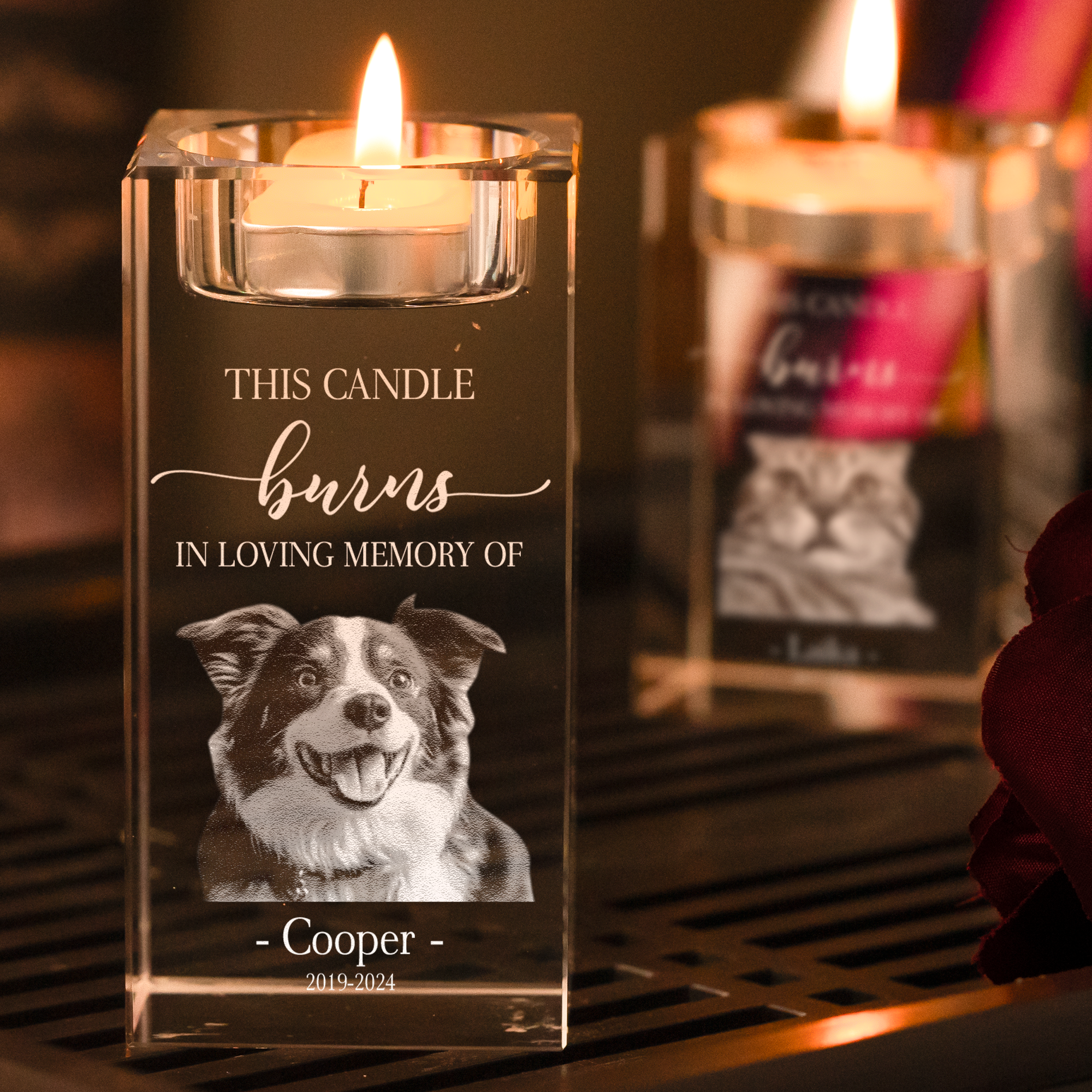 This Candle Burns In Loving Memory Of Loss Pet - Personalized 3D Photo Crystal Candle Holder