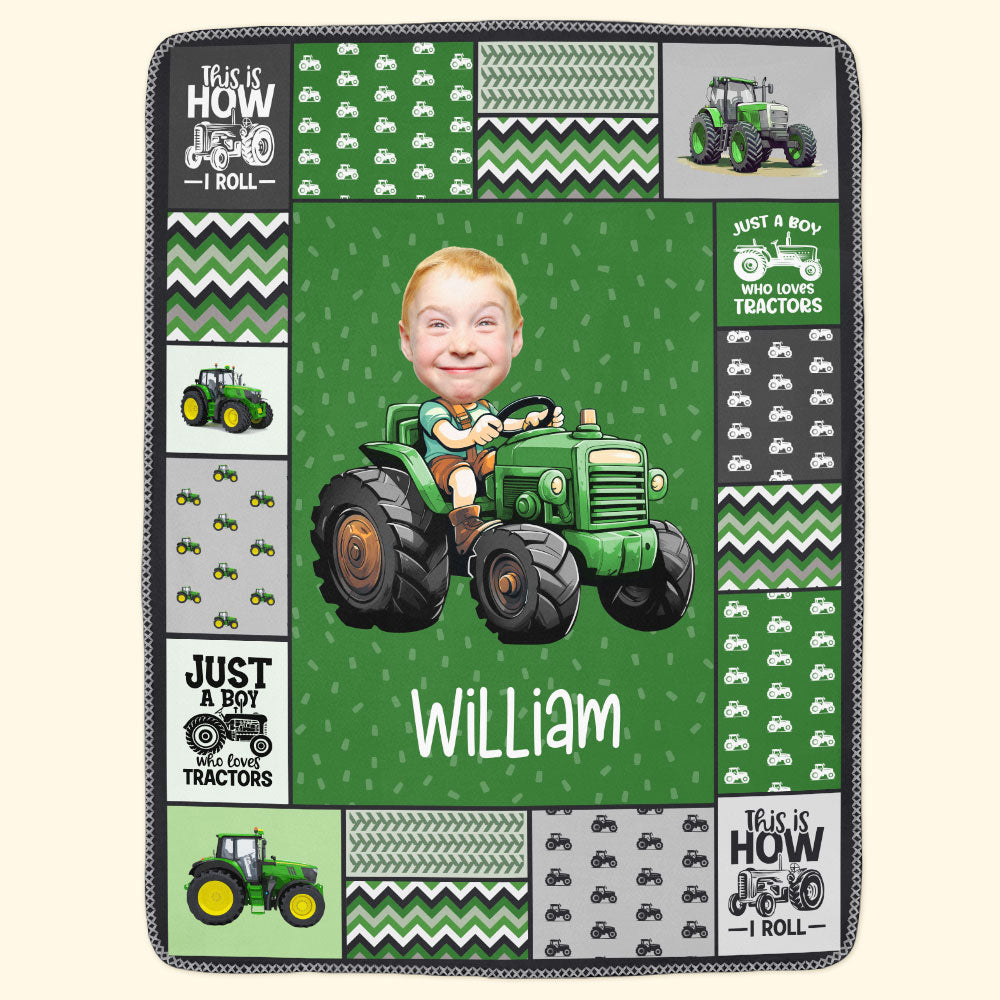 Custom Face Boy Loves Tractors - Personalized Kid Photo Blanket