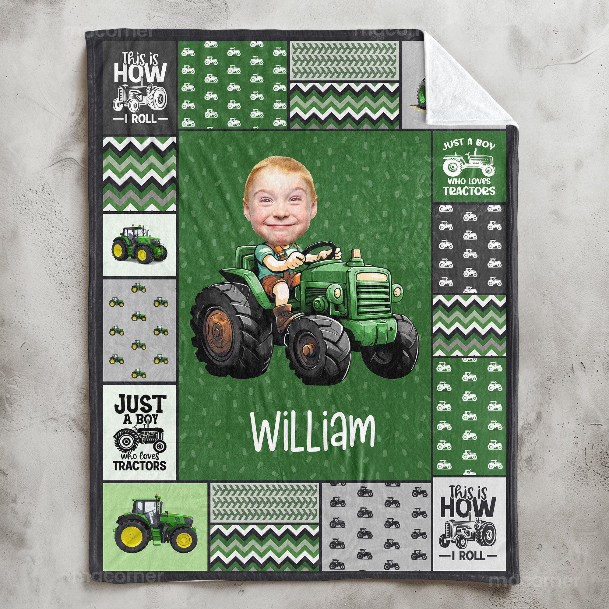 Custom Face Boy Loves Tractors - Personalized Kid Photo Blanket