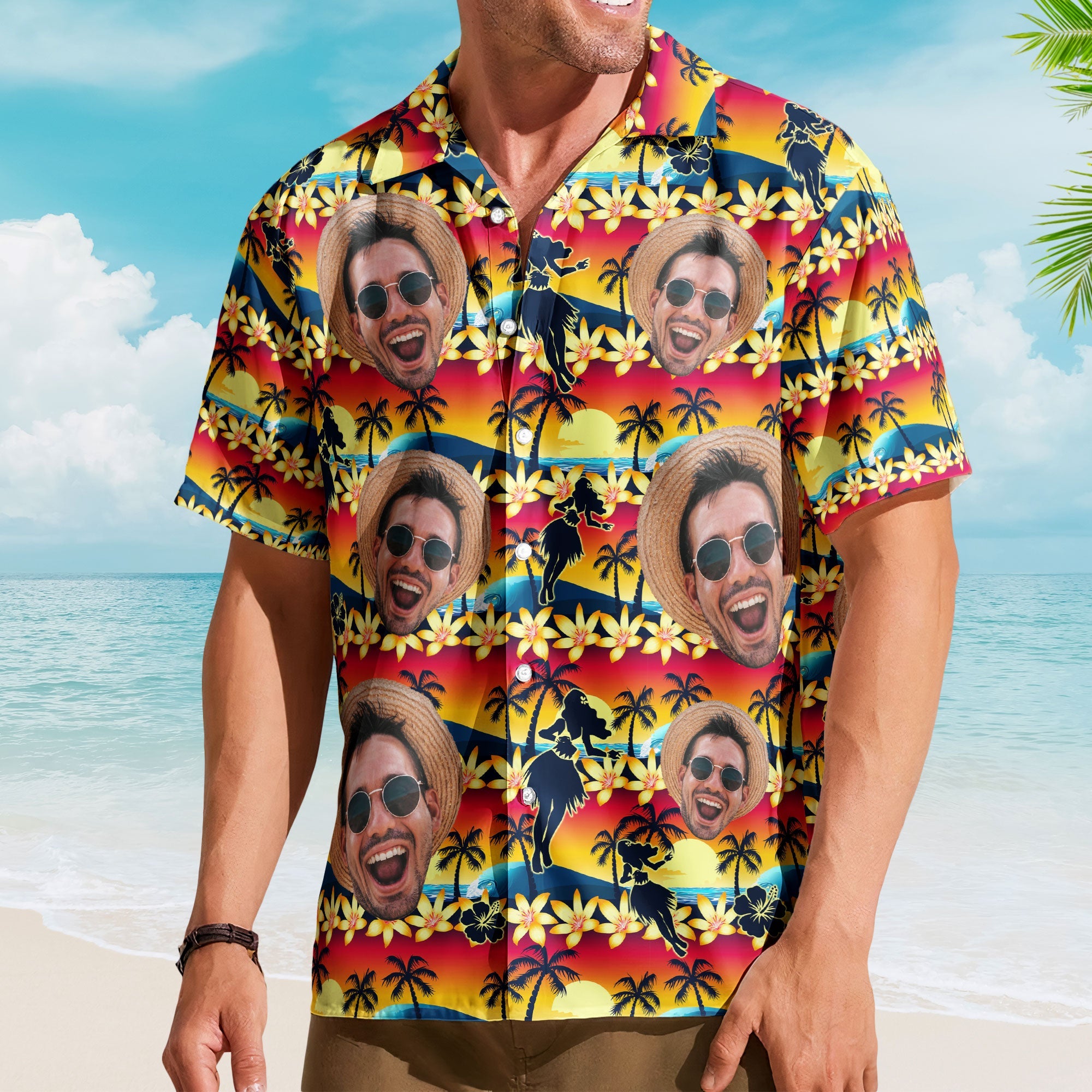 Tropical Beach Sence Hula Dance Sunset Aloha Shirts - Custom Photo Hawaiian Shirts