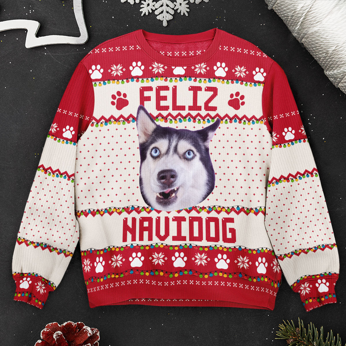 Upload Big Pet Faces Funny Christmas Ugly For Dog, Cat Lovers - Personalized Photo Ugly Sweater