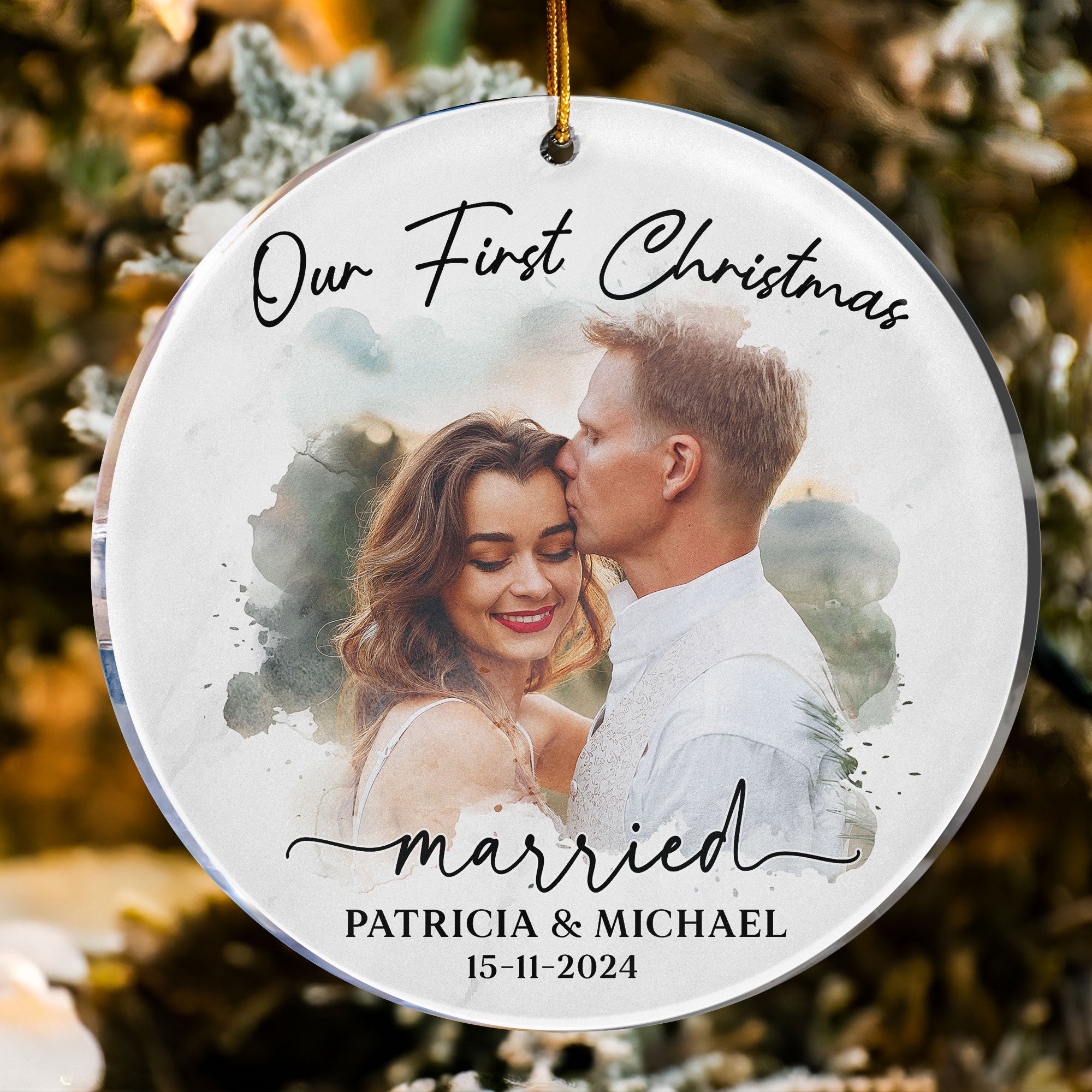 Watercolor Style Our First Christmas Married - Personalized Acrylic Photo Ornament