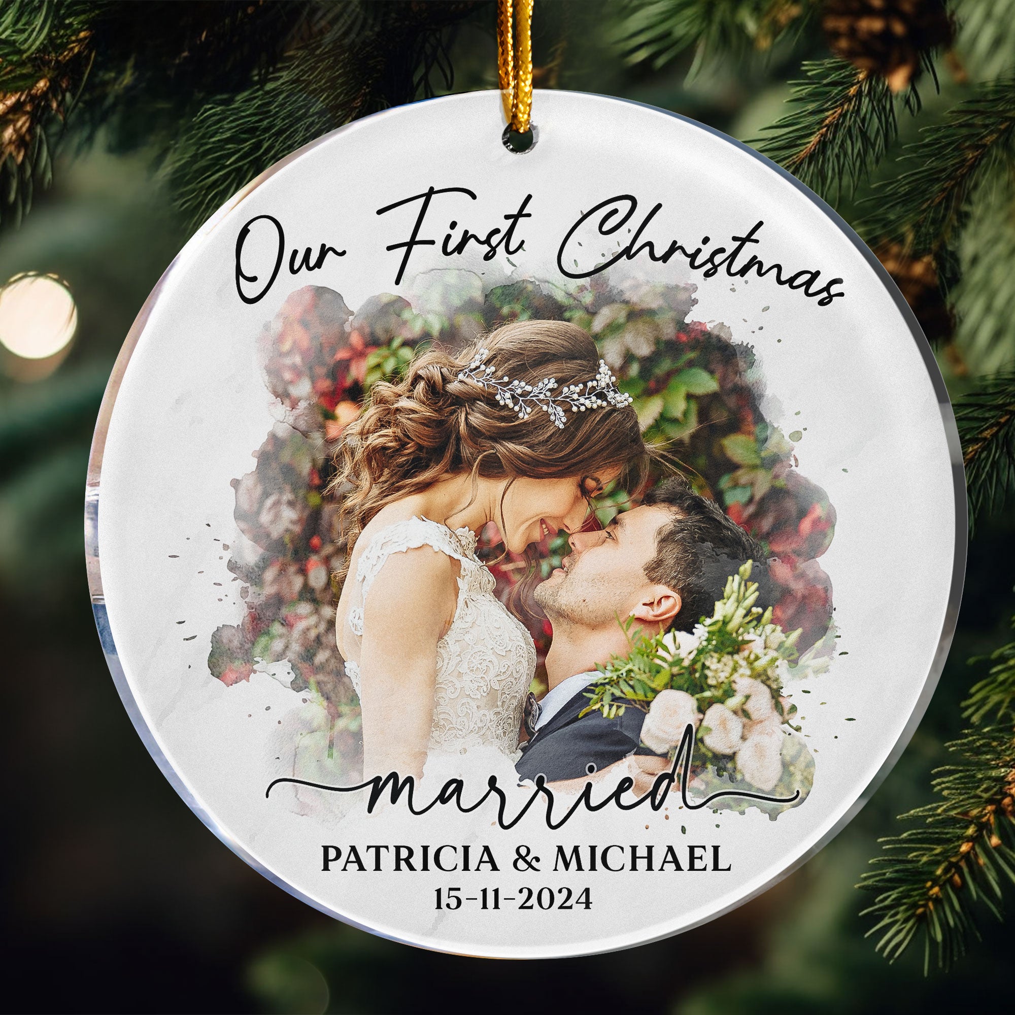 Watercolor Style Our First Christmas Married - Personalized Acrylic Photo Ornament