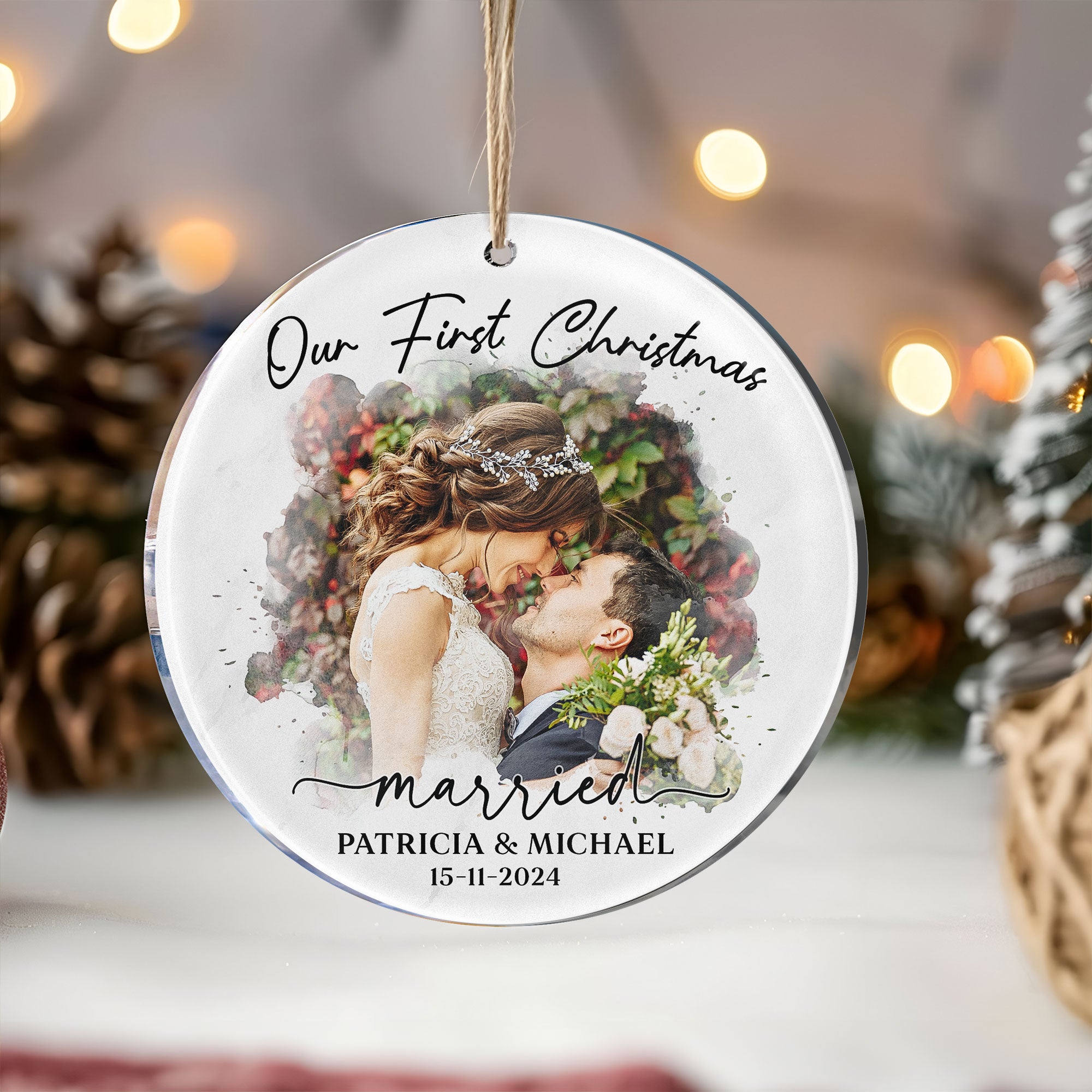 Watercolor Style Our First Christmas Married - Personalized Acrylic Photo Ornament