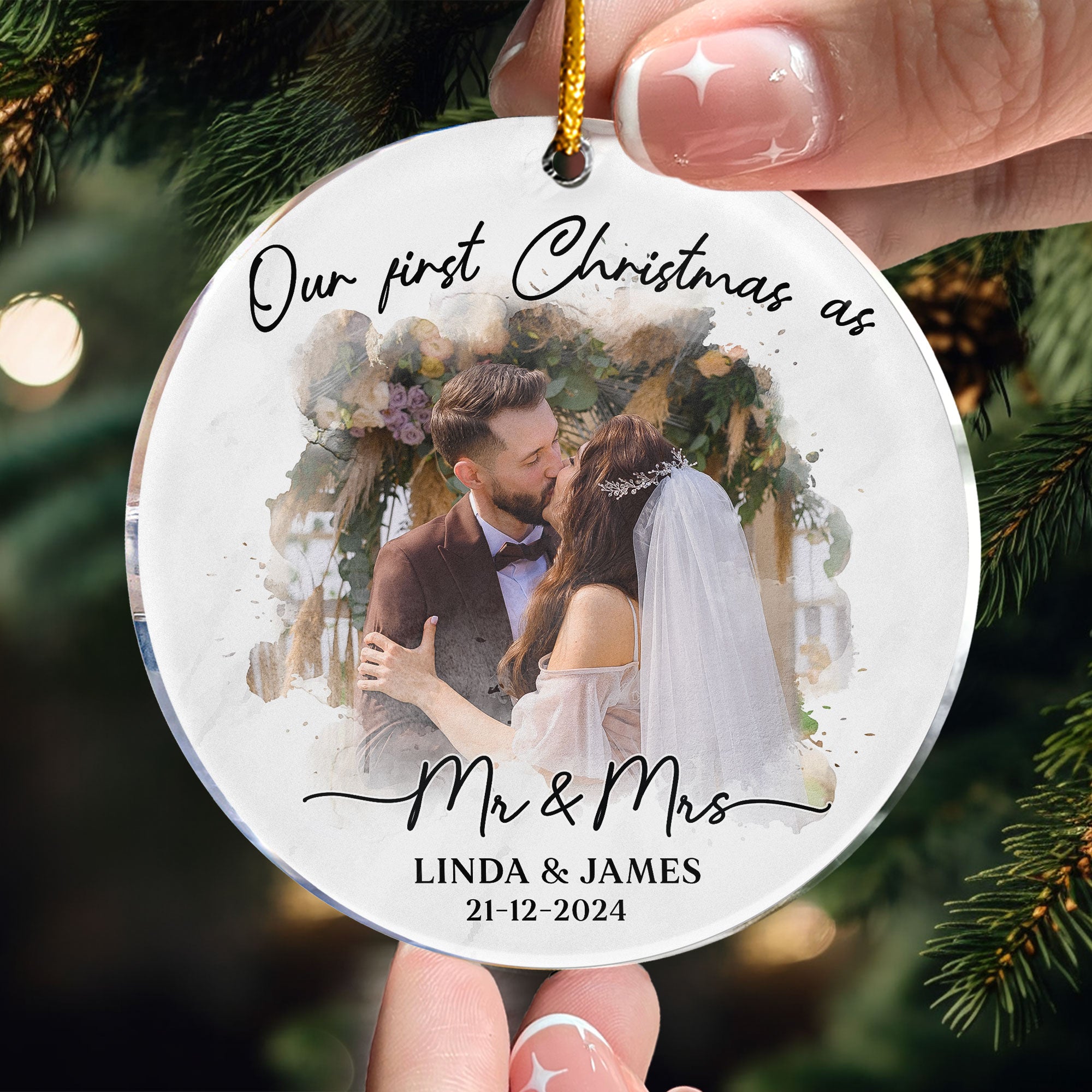 Watercolor Style Our First Christmas Married - Personalized Acrylic Photo Ornament