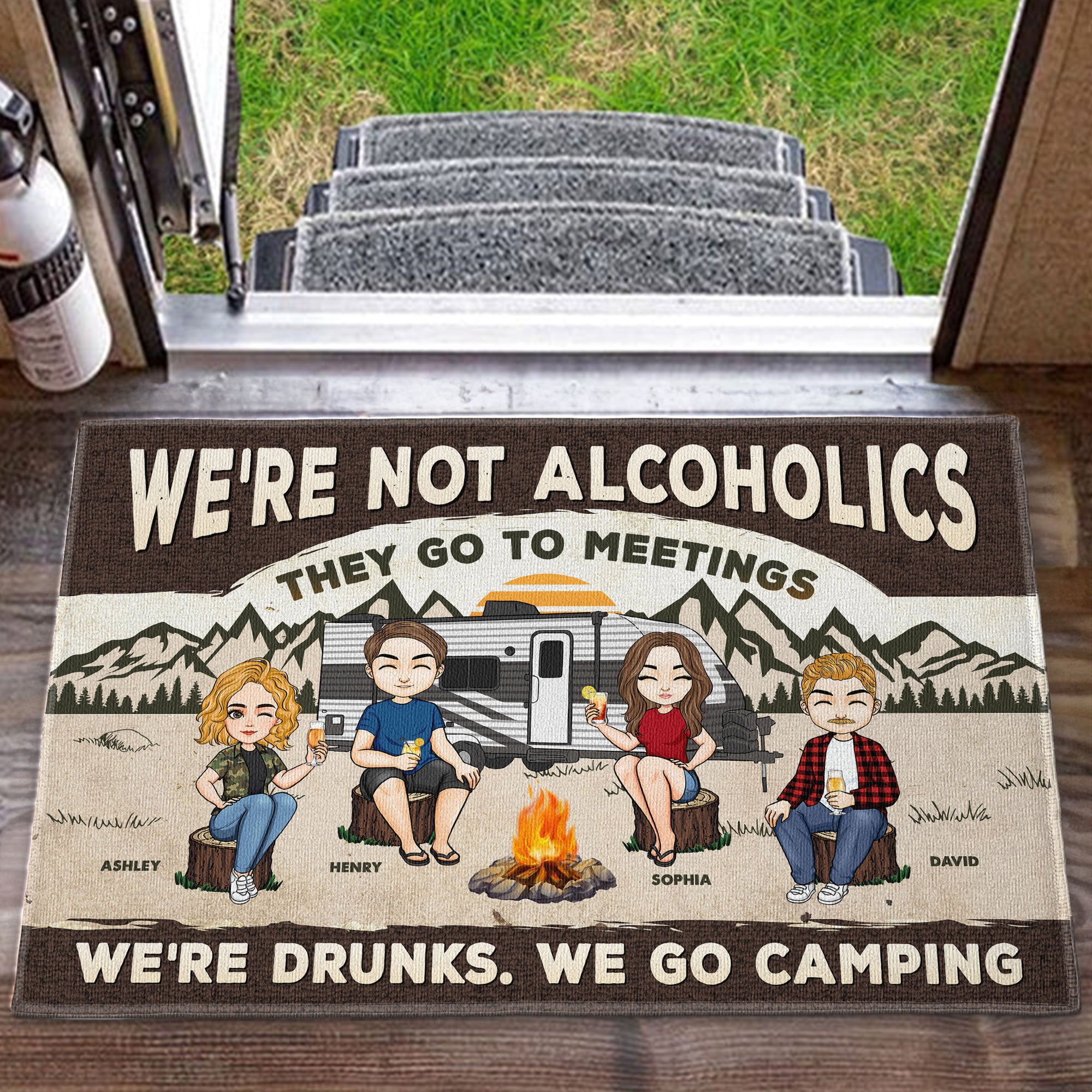 We're Not Alcoholics. We Go Camping. - Personalized Doormat