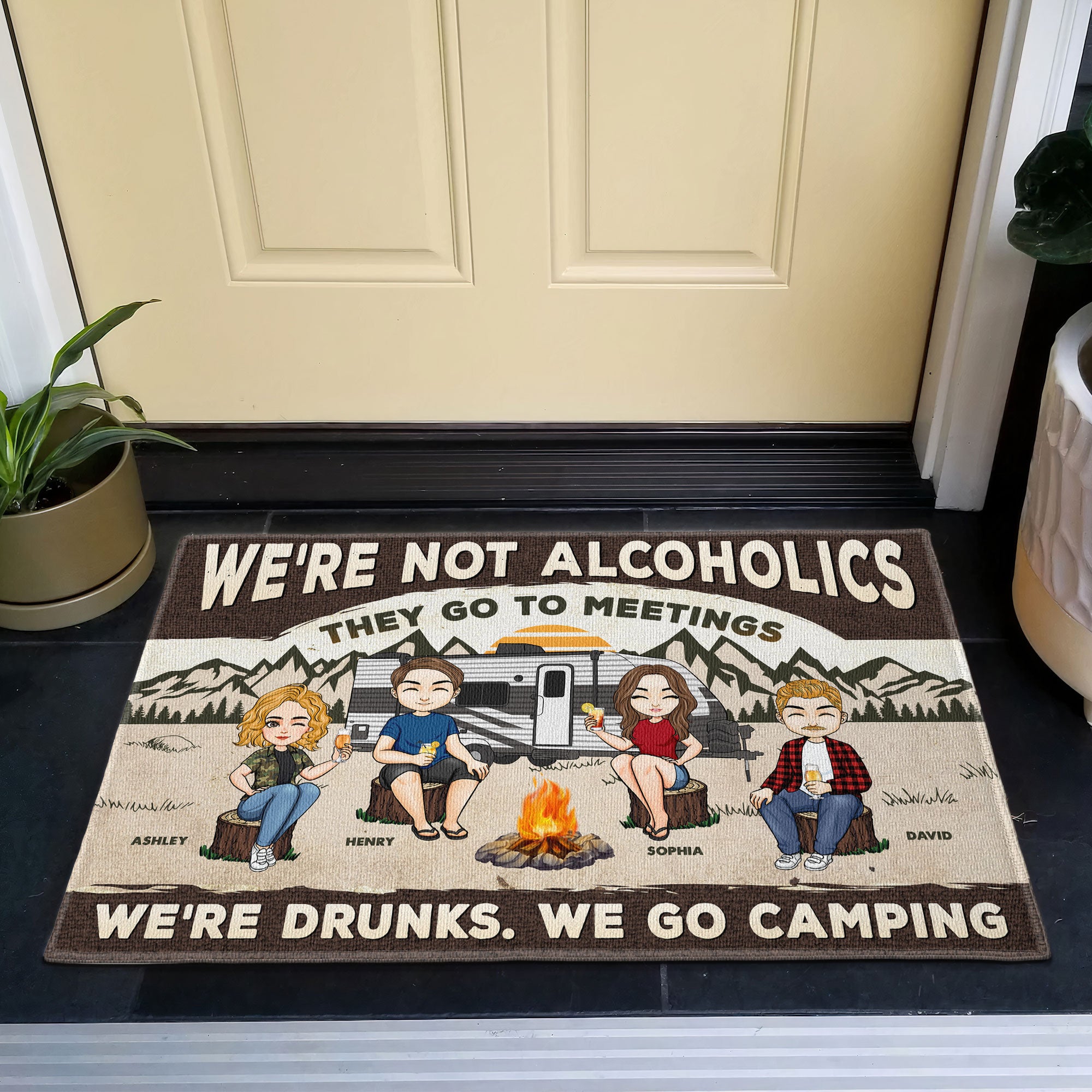 We're Not Alcoholics. We Go Camping. - Personalized Doormat